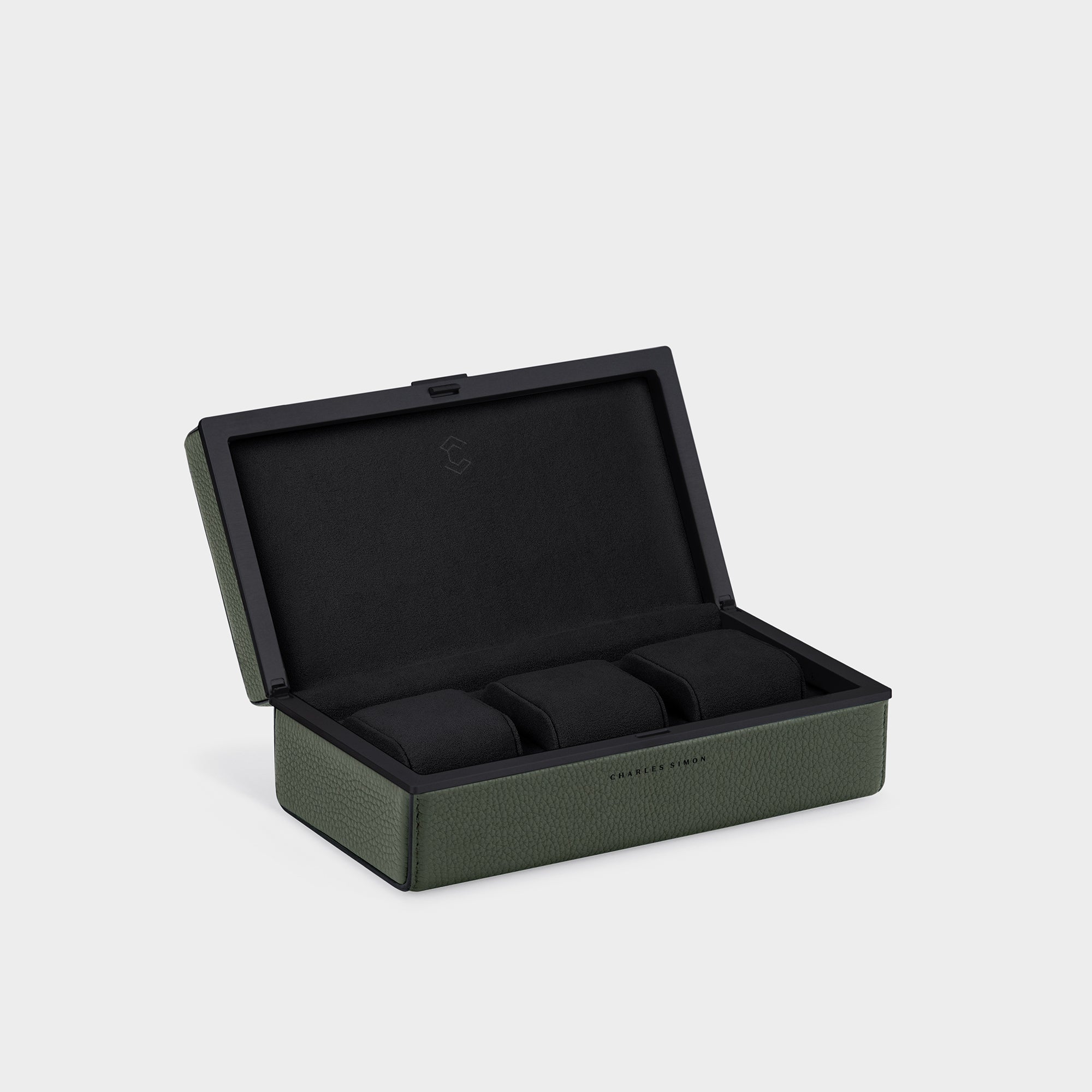 Luxury watch case for up to 3 watches. Handmade in Canada from premium khaki French leather with black contrasting edges, Notte black Alcantara and black anodized aluminum.