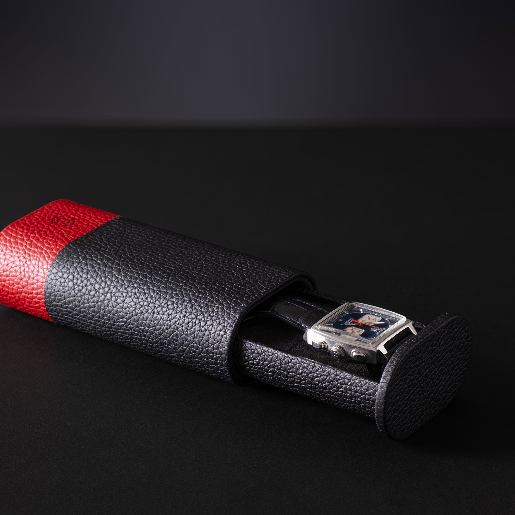 Leather watch roll Formula 1 black and red, handcrafted leather single watch case, secure for travel.