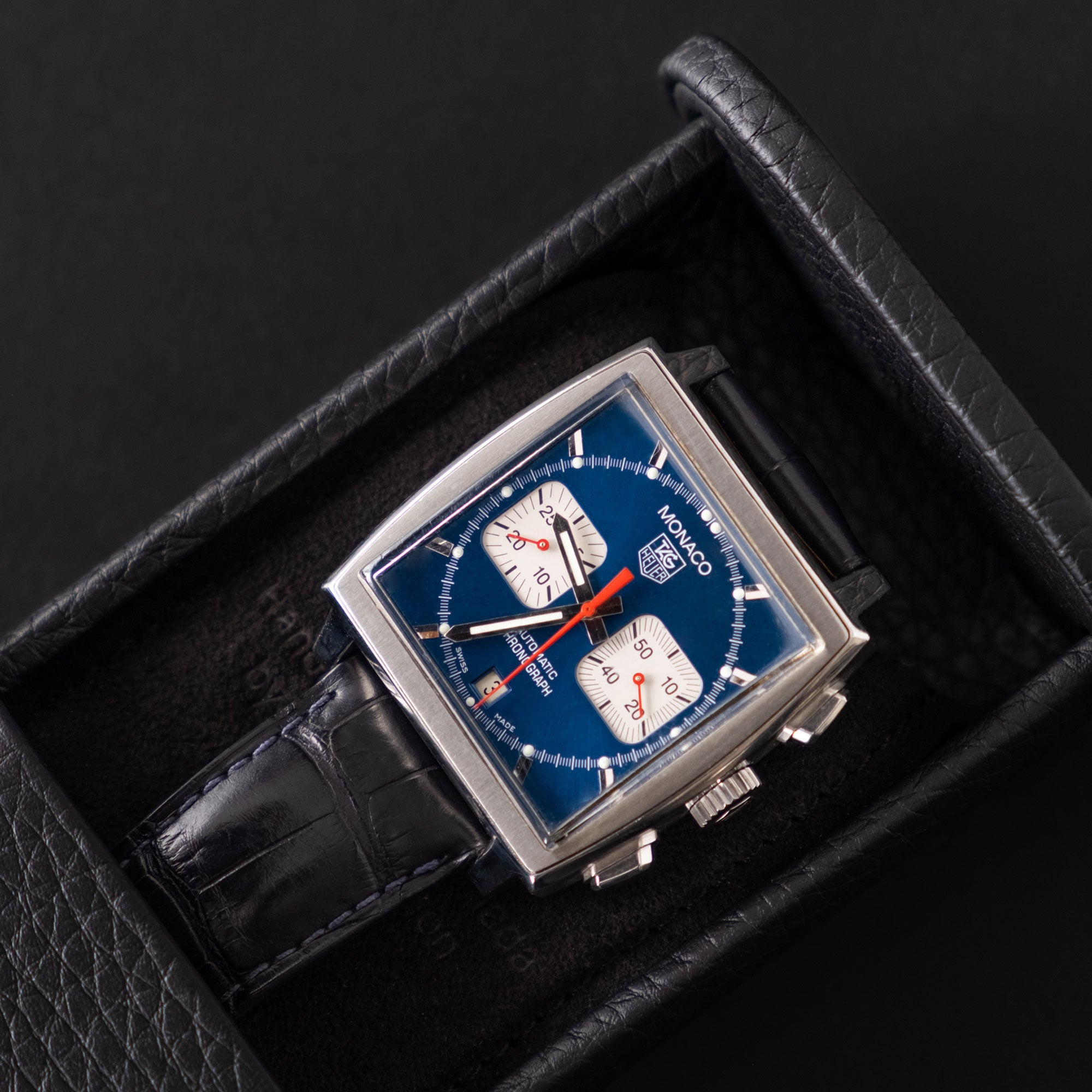 Travel black and orange Formula 1 style, premium single watch travel case for safe storage and travel.