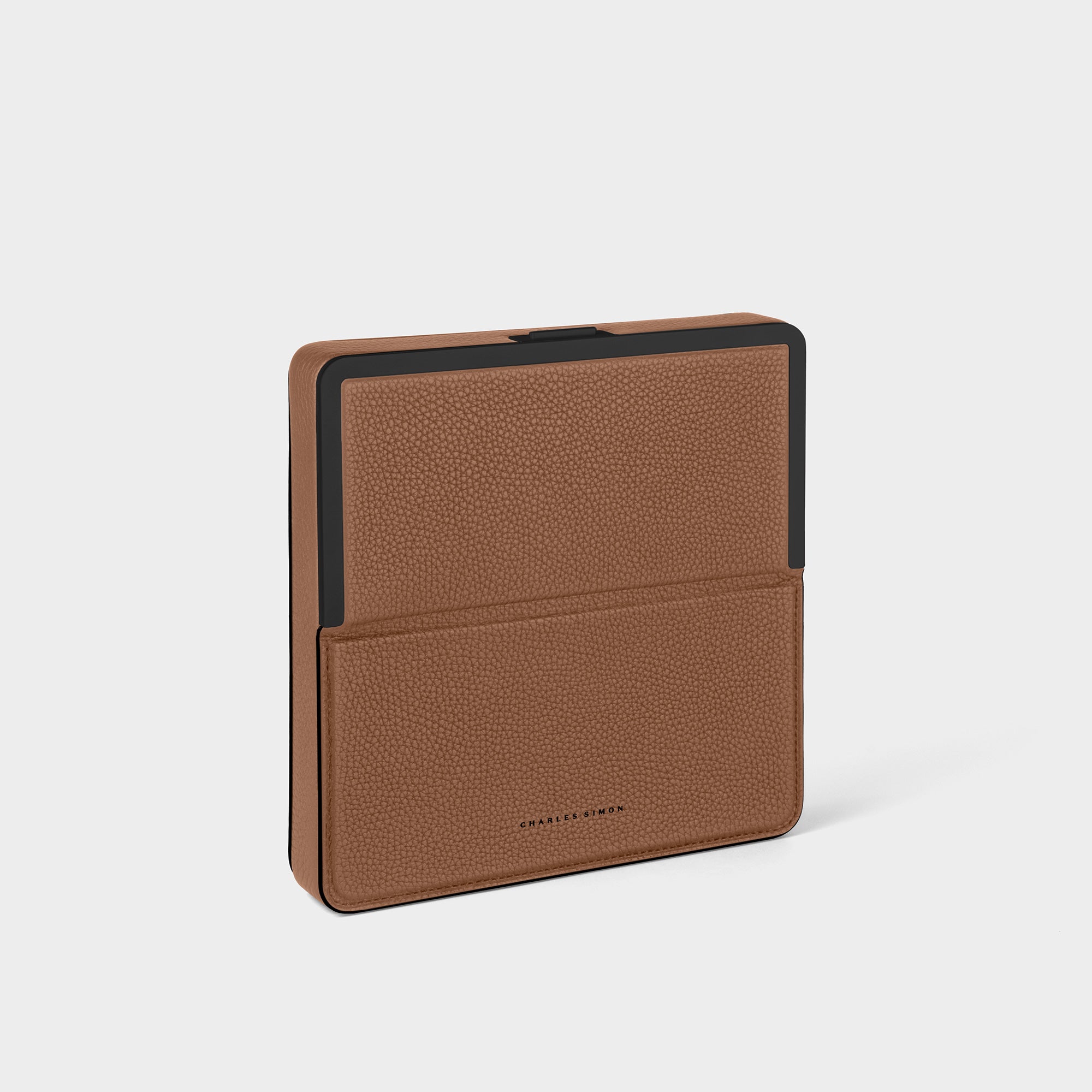 Fraser travel wallet in tan leather and black aluminum by Charles Simon
