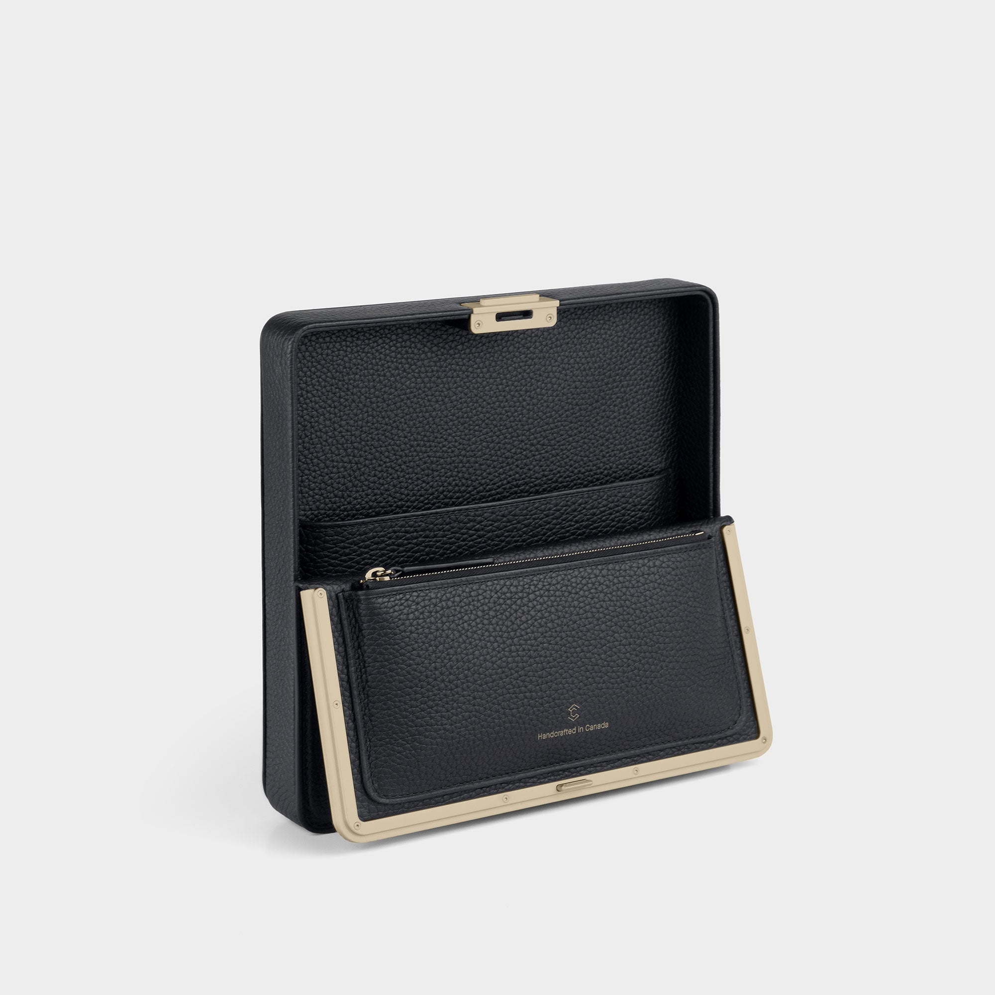 Product photo of open Fraser luxury travel wallet in gold and black leather