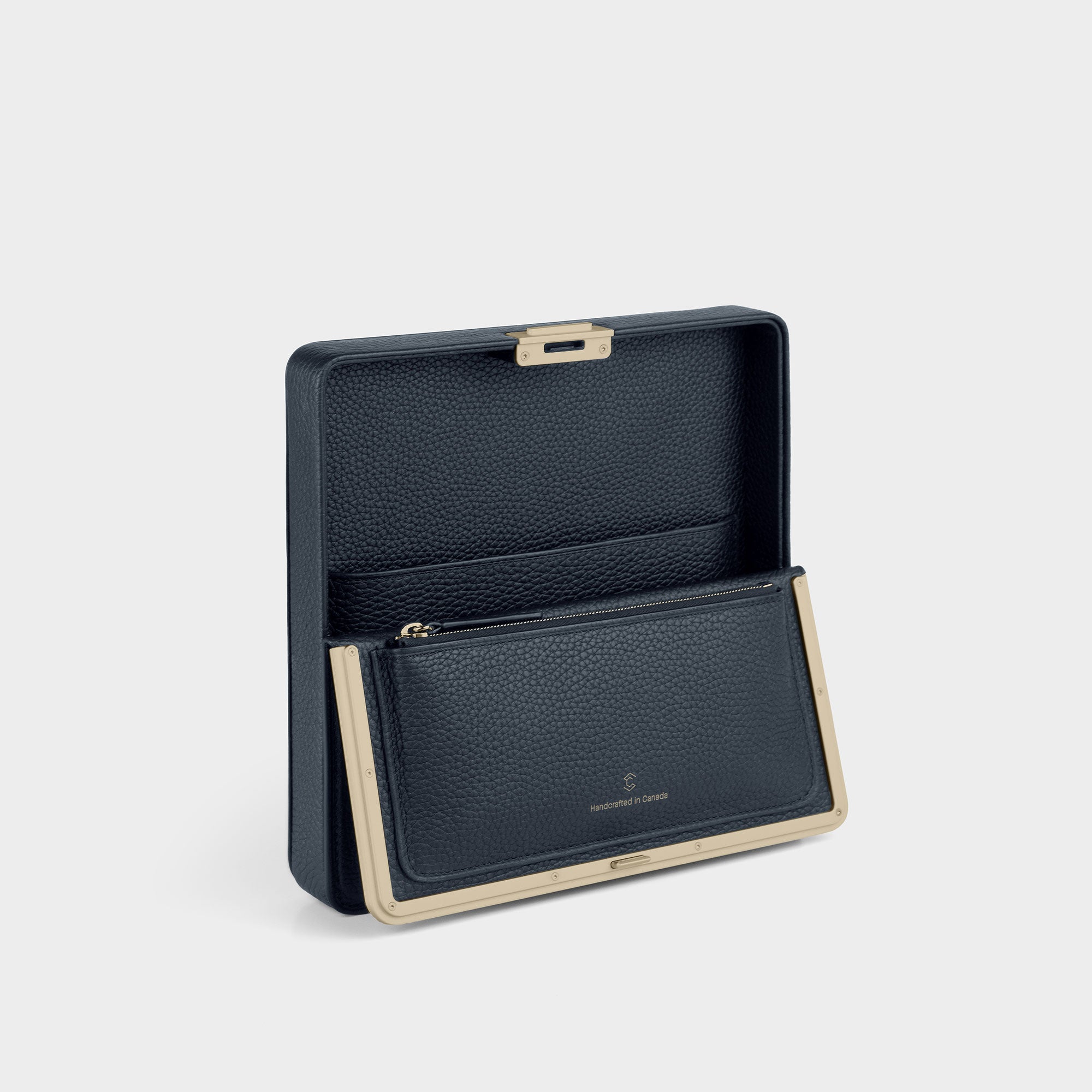 Product photo of open Fraser designer travel wallet in gold and marine leather