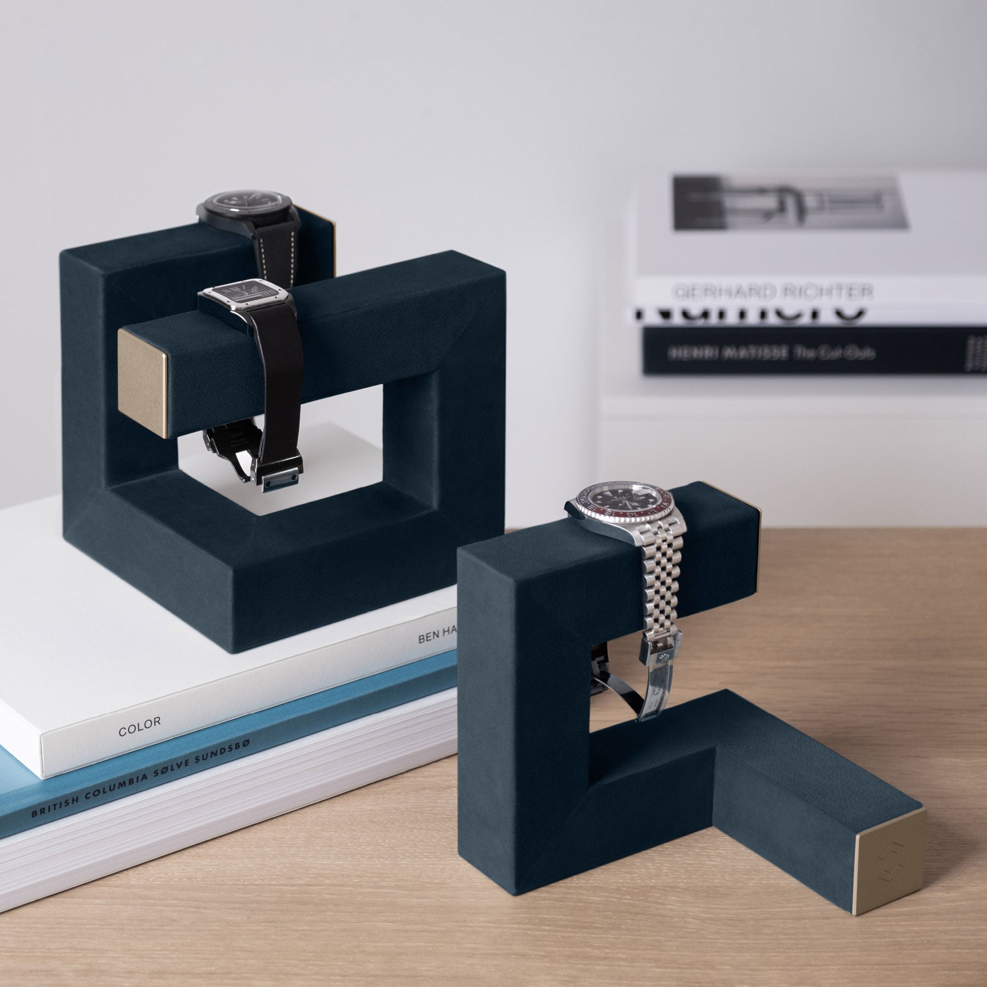 Hudson watch stands in navy-teal nubuck and gold. Handmade to display your watches at home.