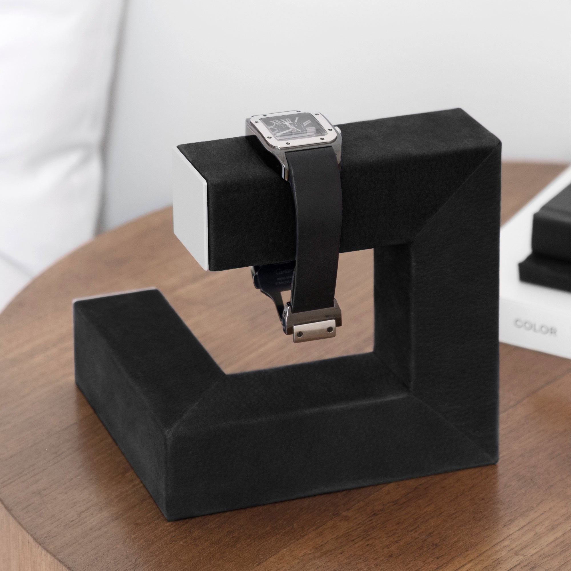 Luxury watch being displayed on the elegant black Hudson 1 Watch stand