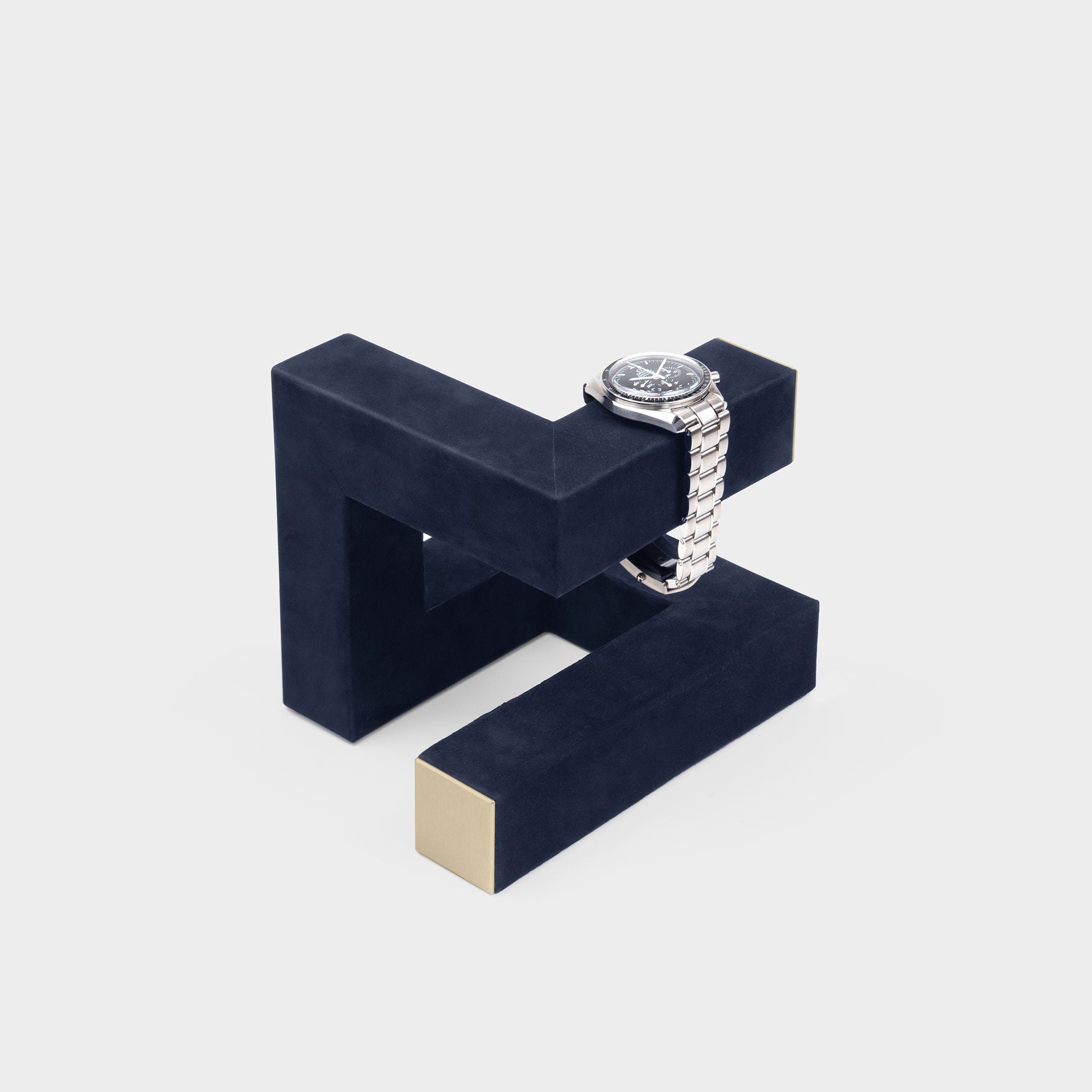 Hudson 3 Watch stand in gold and navy showcasing luxury watches