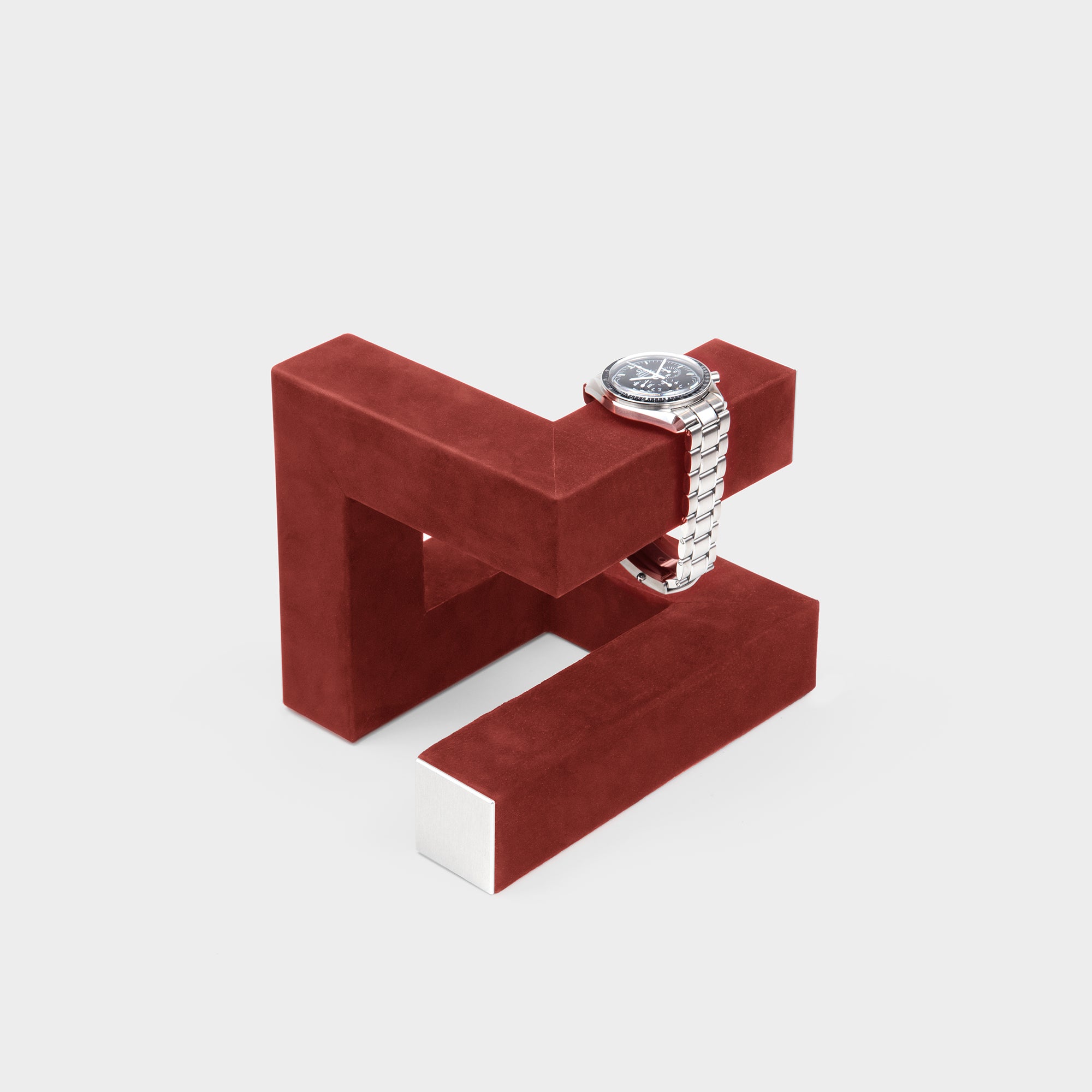 Charles Simon Hudson 3 watch stand holding luxury watch. Handmade in Canada from premium materials.