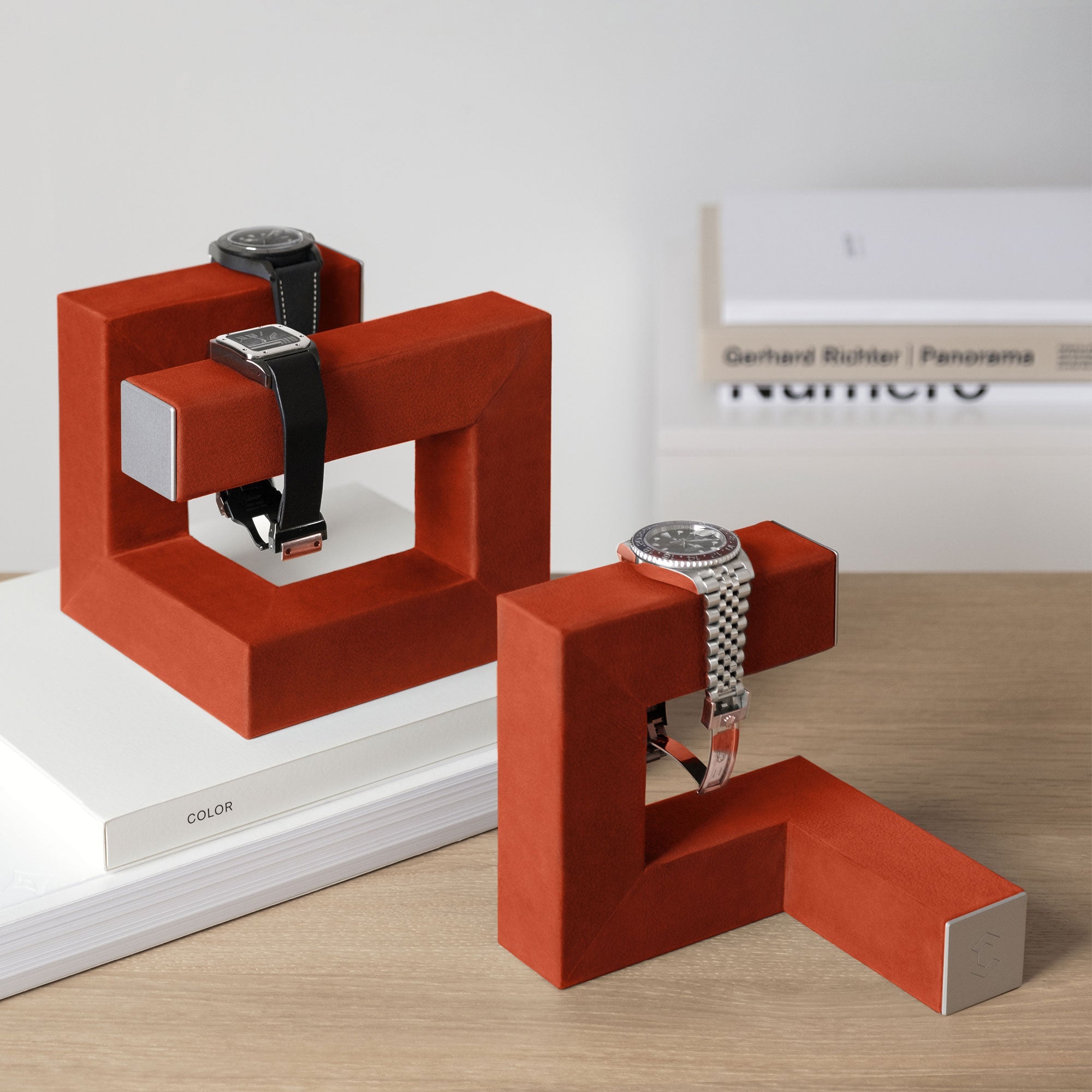 Hudson Duo designer watch stand holding 3 watches in minimalist modern home