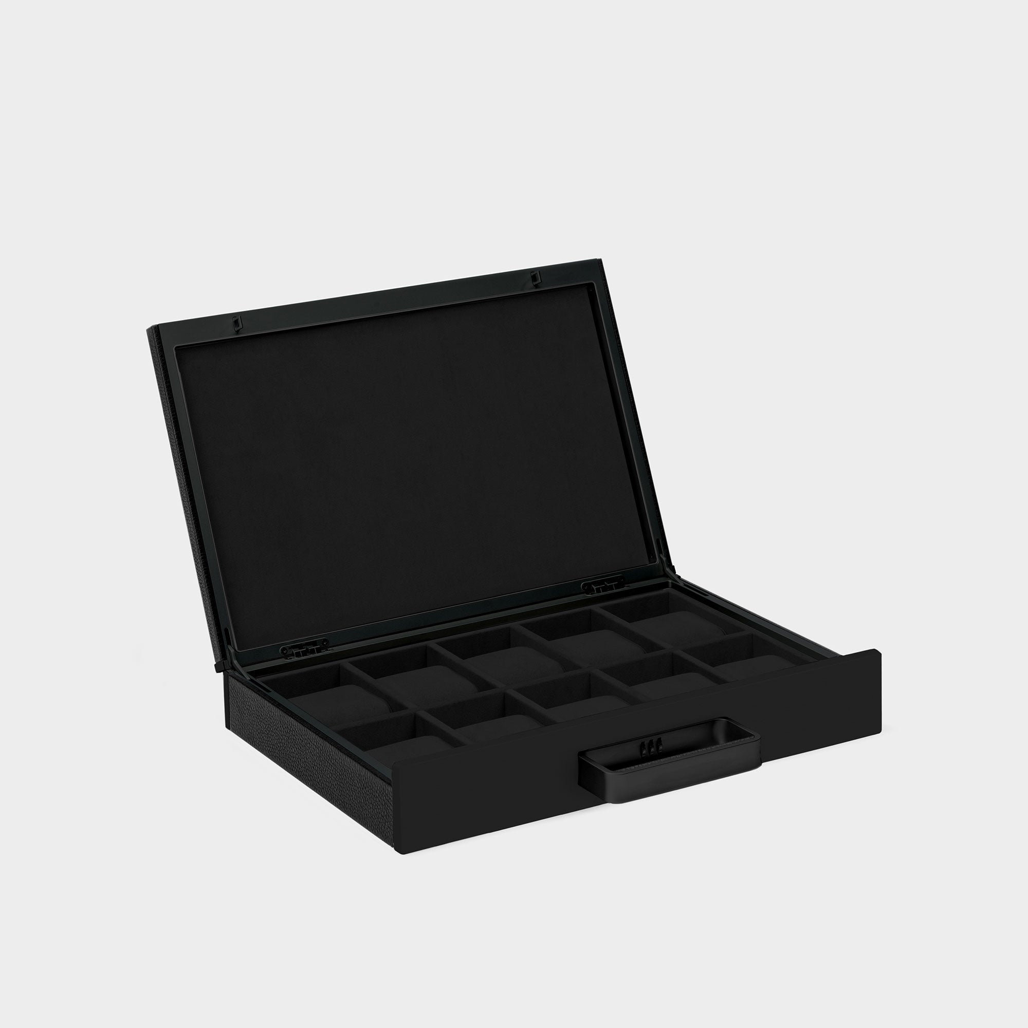 Charles Simon Mackenzie 10 watch briefcase in all black made from fine leather, aluminum and carbon fiber casing and soft Alcantara interior lining