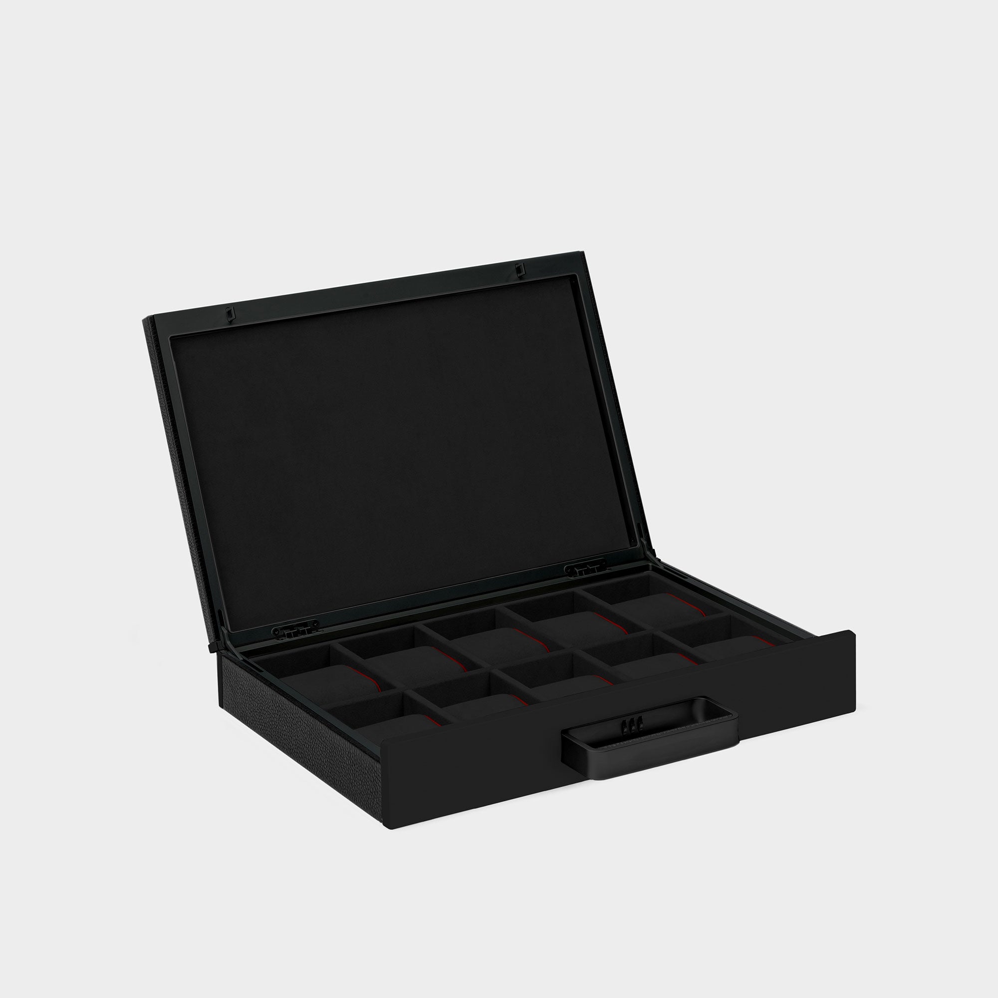 Designer watch briefcase in all black with red leather accents on the lid, handle, and cushion sides. 