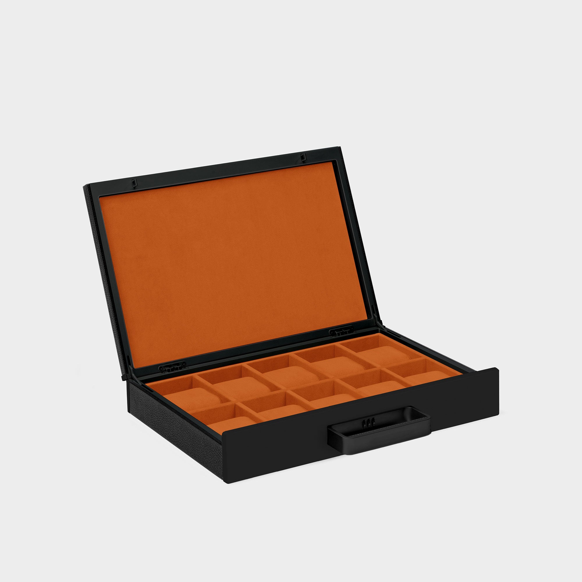 Charles Simon Mackenzie 10 luxury watch briefcase in all black with Papaya orange interior made from fine leather, aluminum and carbon fiber casing and soft Alcantara interior lining