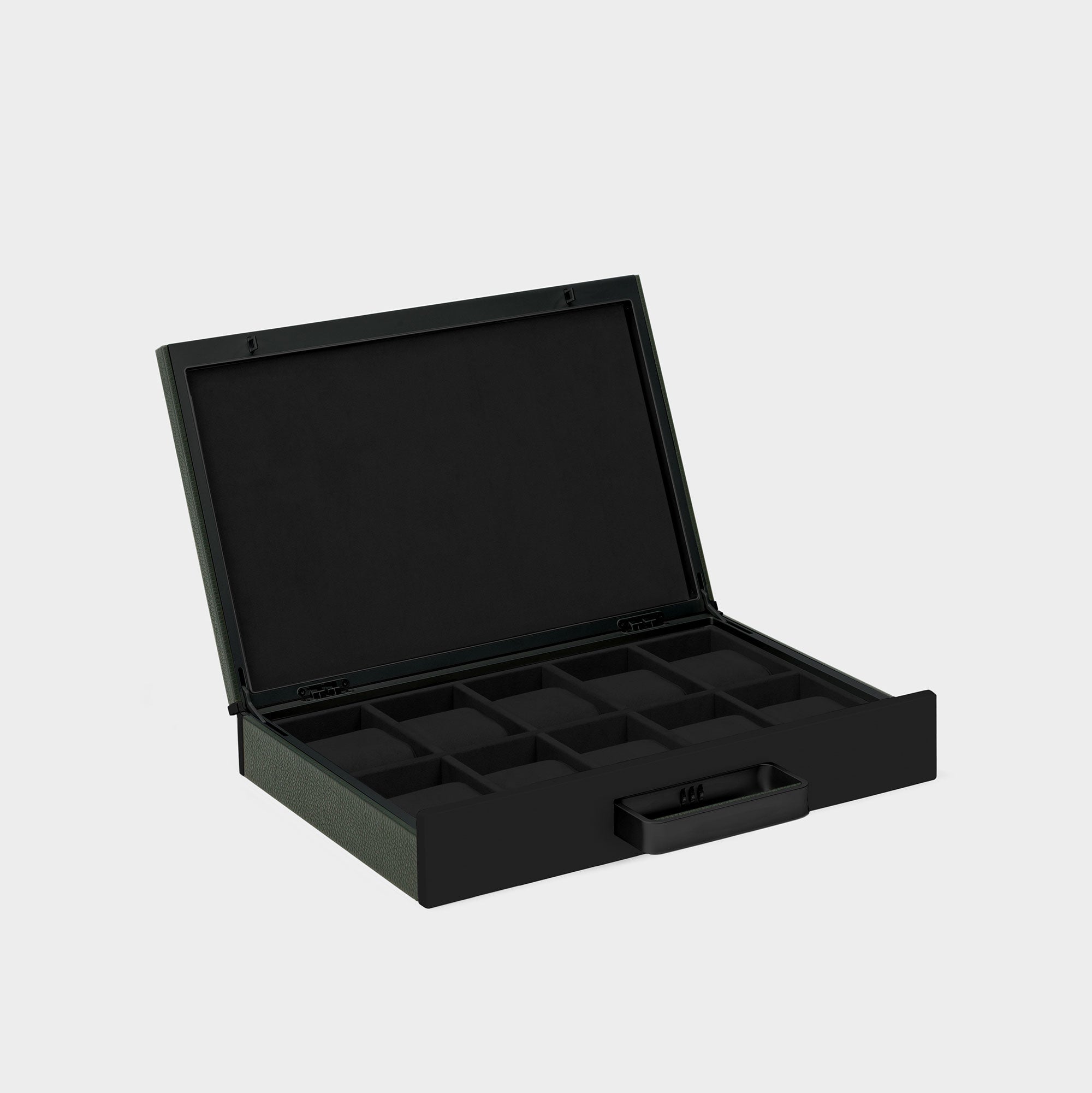 Handmade watch briefcase for up to 10 watches. Made from khaki French leather, black anodzied aluminum and carbon fiber, and black Alcantara cushions. 