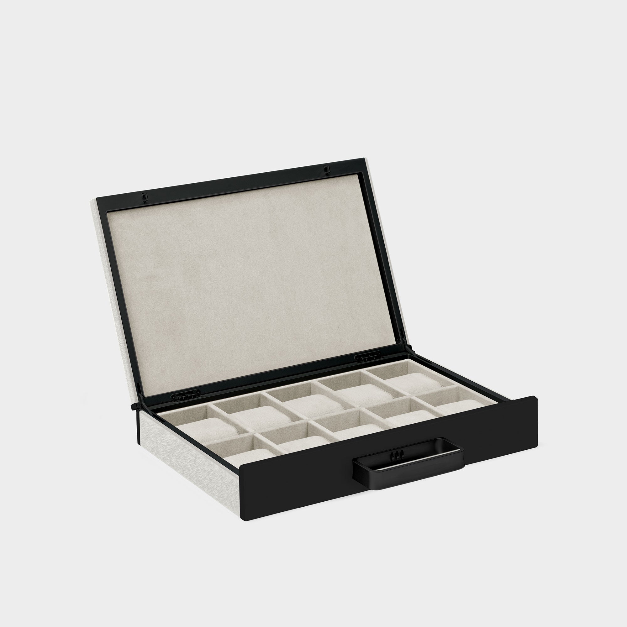 Charles Simon Mackenzie 10 watch briefcase made from fine white leather, black anodized aluminum and carbon fiber casing and soft white Alcantara interior lining