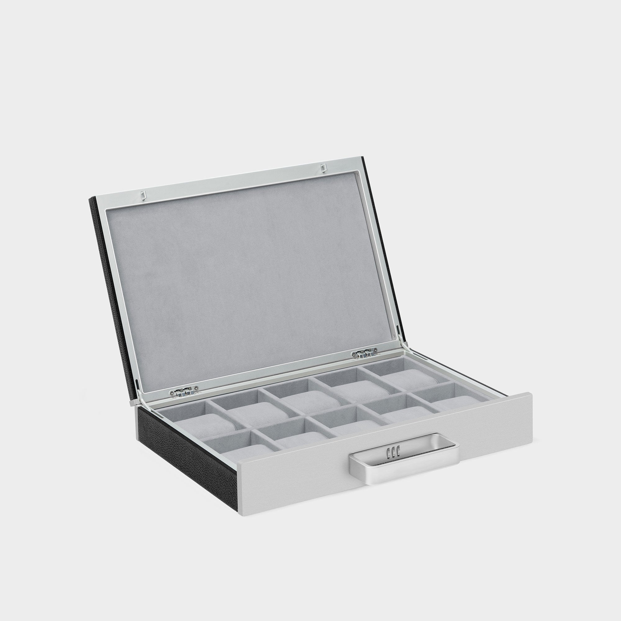 Product photo of open Mackenzie 10 Watch briefcase in black leather and fog grey interior