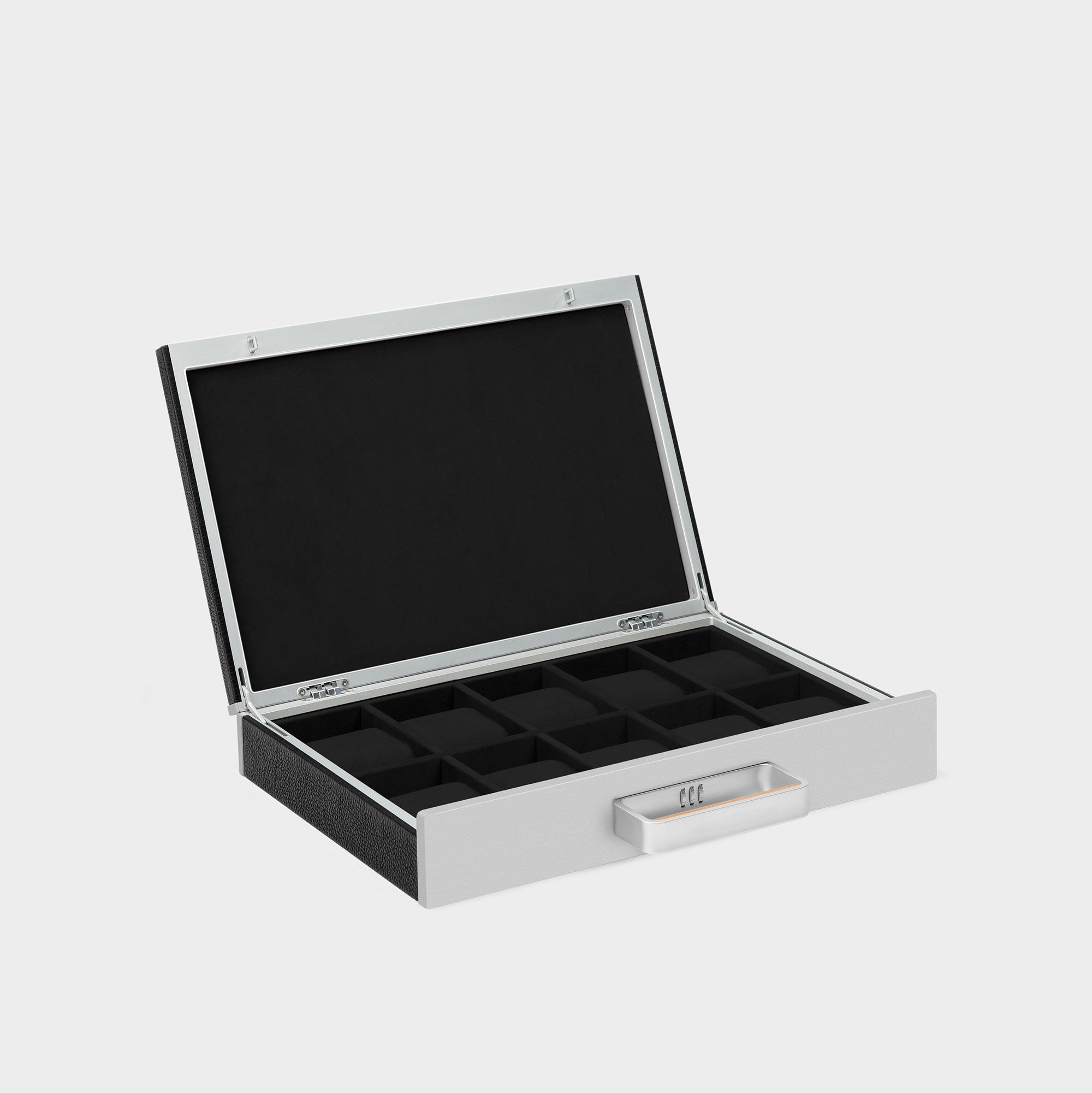 Product photo of open Mackenzie 10 watch briefcase in black leather, grey aluminum, Notte interior, with a wooden handle detail