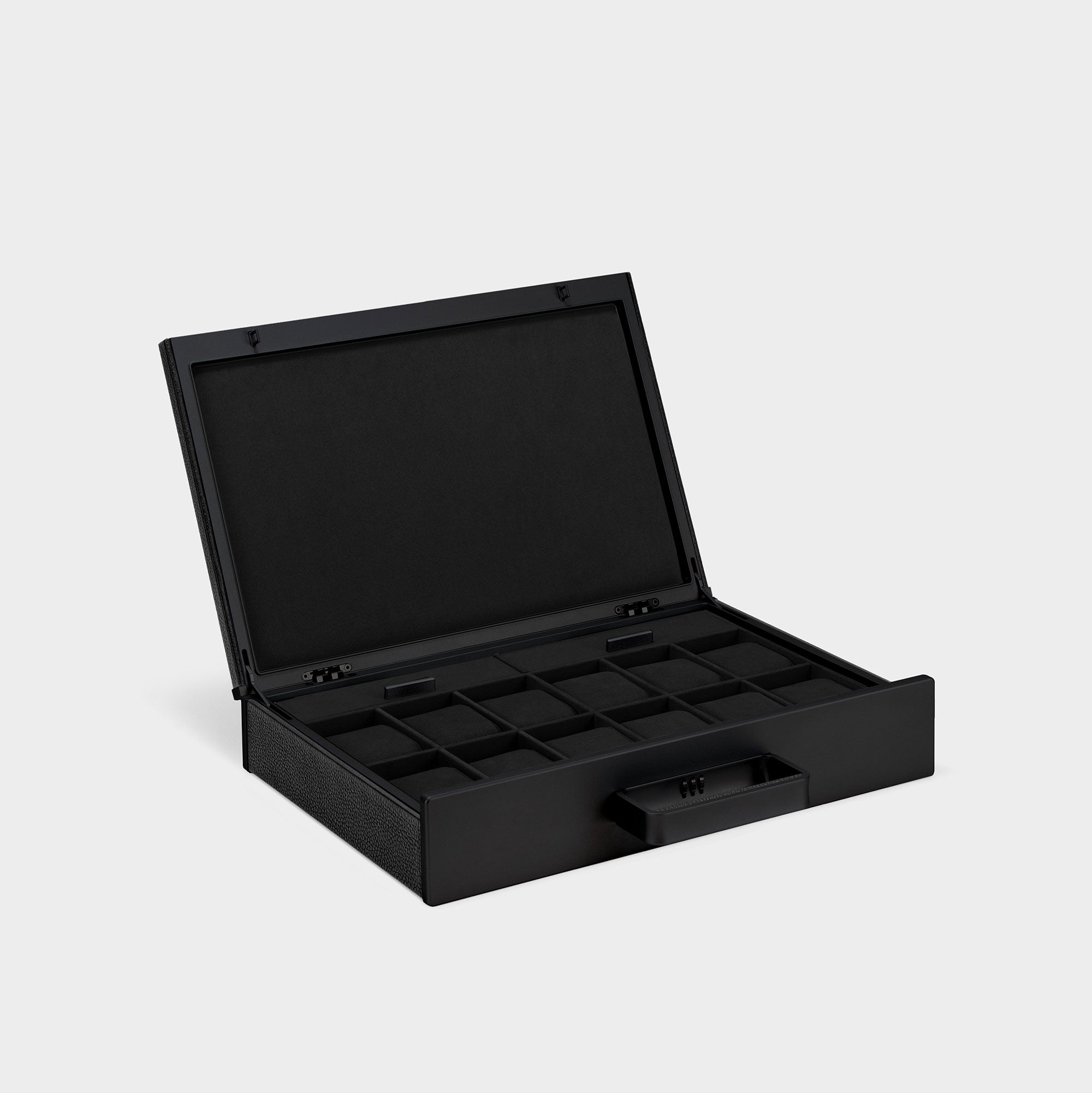 Charles Simon Mackenzie 12 watch briefcase in all black Alcantara interior view