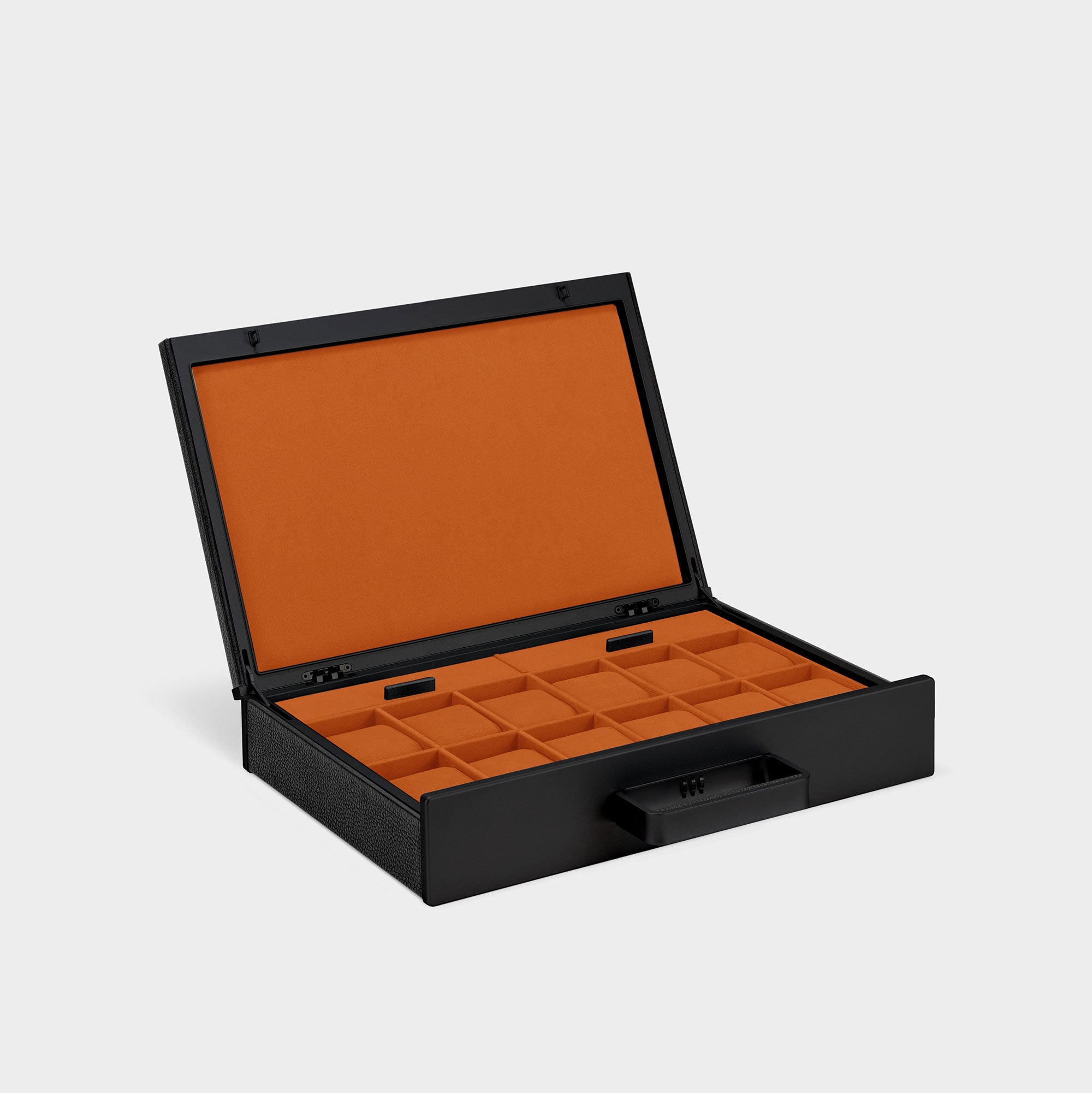 Charles Simon Mackenzie 12 luxury watch briefcase in all black with Papaya orange interior made from fine leather, aluminum and carbon fiber casing and soft Alcantara interior lining