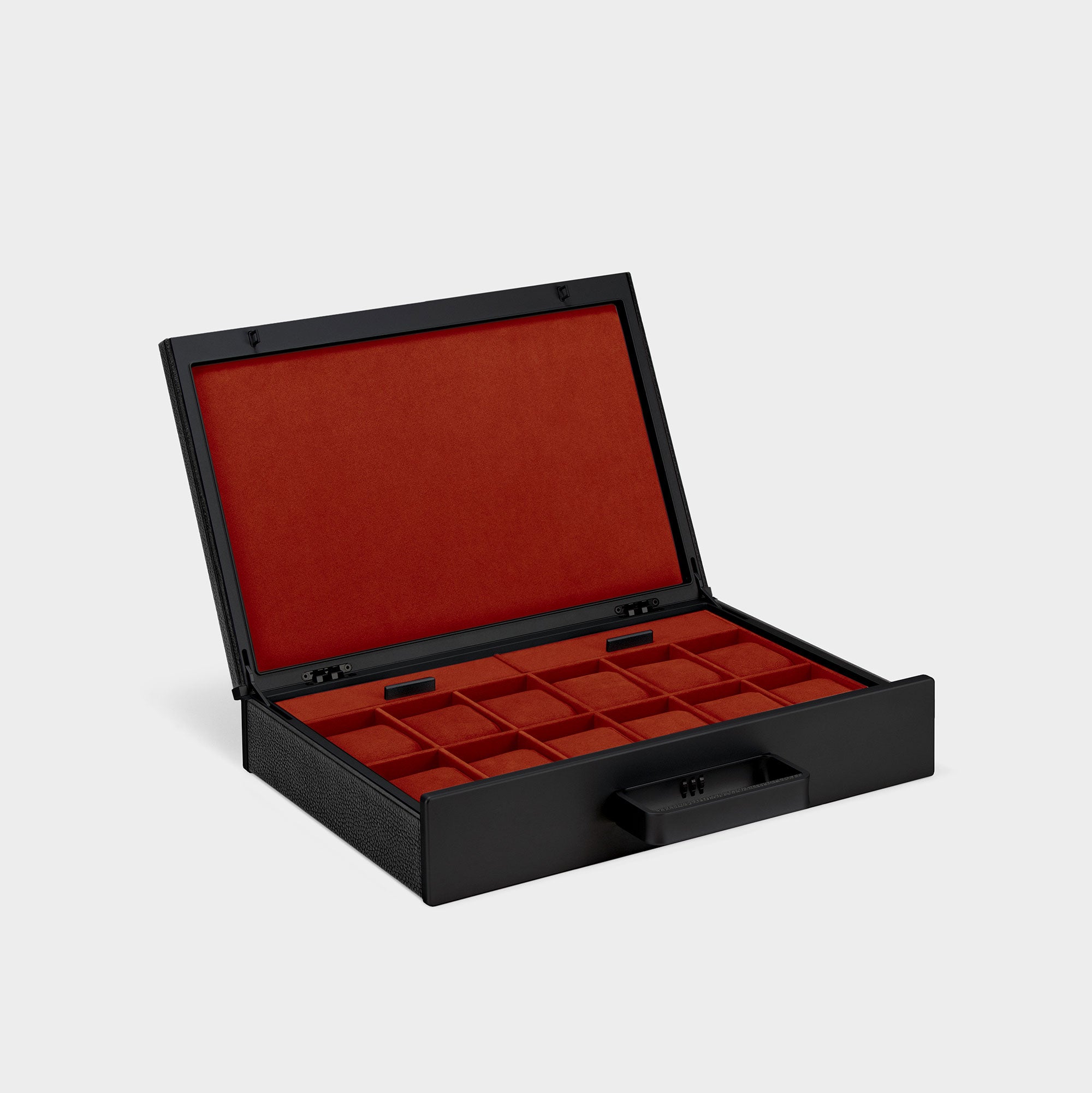 Charles Simon Mackenzie 12 watch briefcase in all black with Vermilion red interior made from fine leather, aluminum and carbon fiber casing and soft Alcantara interior lining