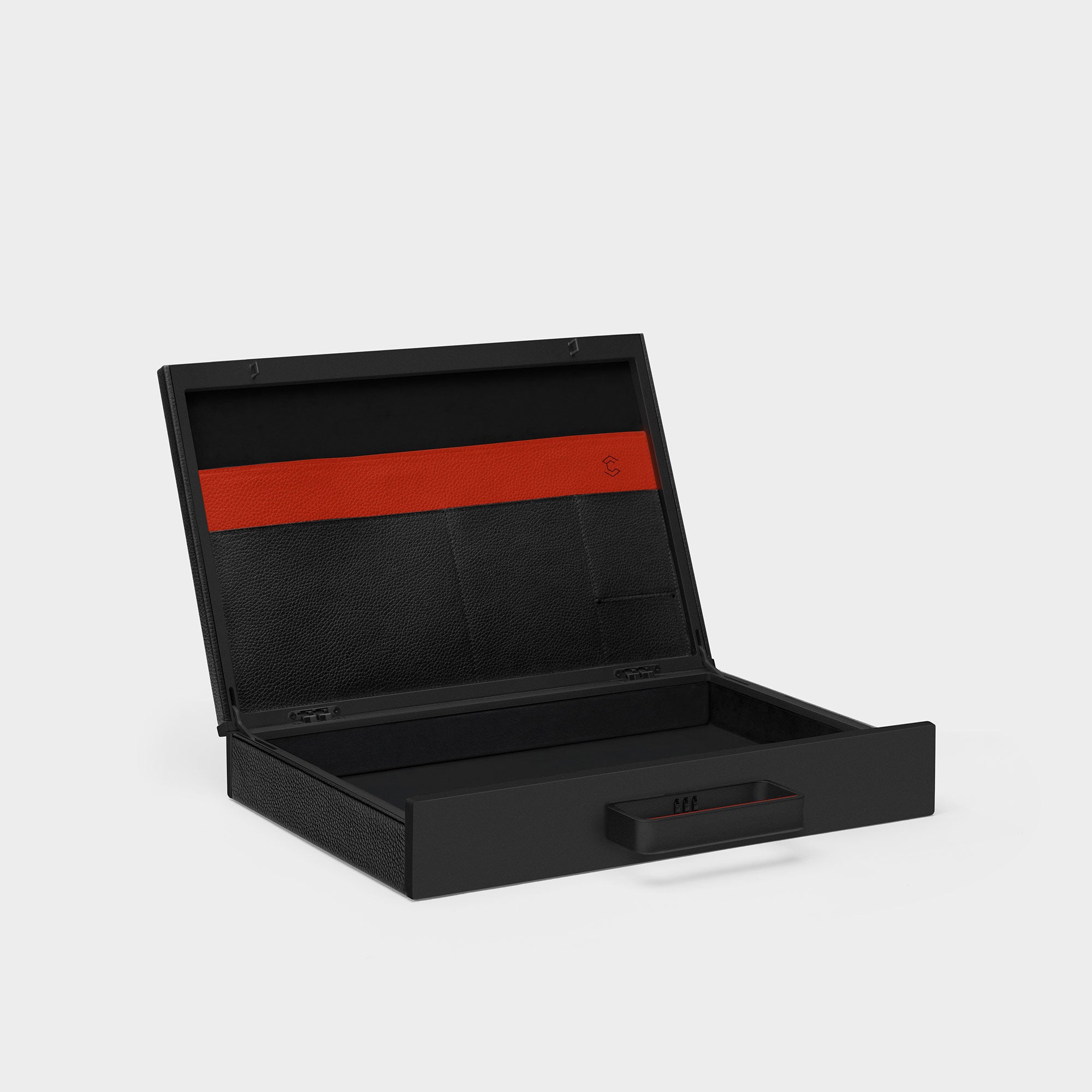 Interior view of Mackenzie briefcase in all black with red leather accents, showcasing soft Alcantara lining and internal pockets made from fine French leather