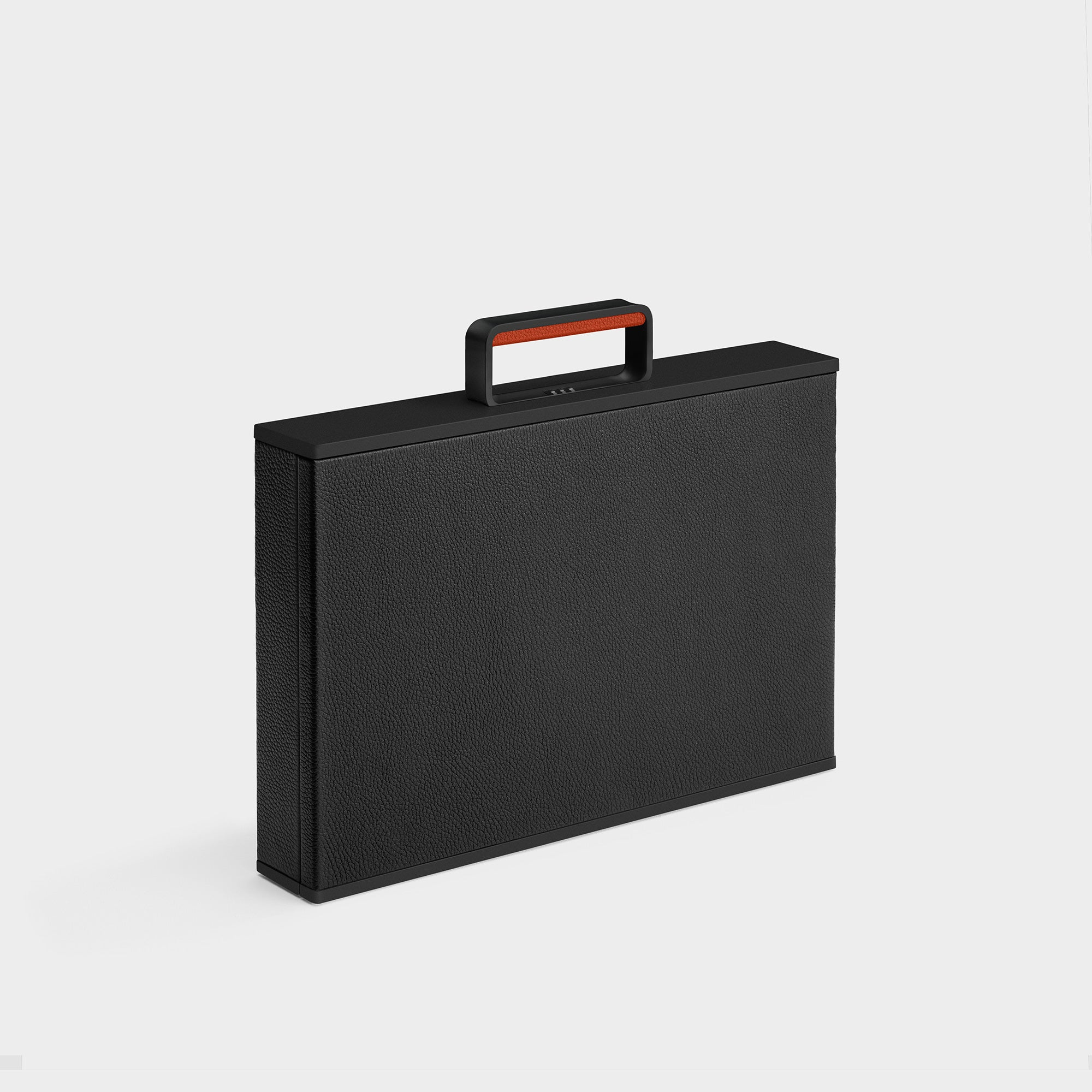 Charles Simon Mackenzie briefcase in all black with red leather accents made from aluminum and carbon fiber casing, fine French leather and Alcantara lining