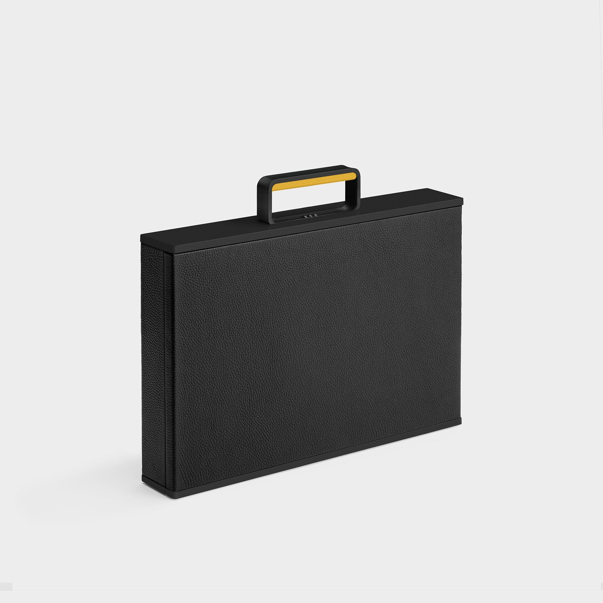 Charles Simon Mackenzie briefcase in all black with sunflower accents made from aluminum and carbon fiber casing, fine French leather and Alcantara lining