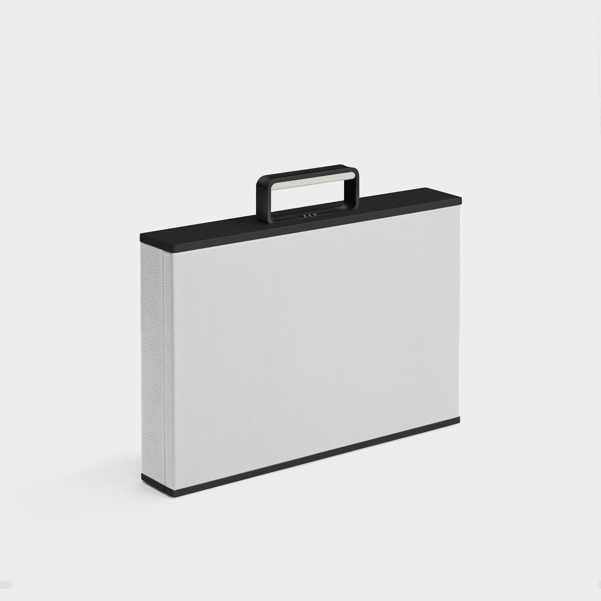 Product photo of angled view of the minimalist white leather and black carbon fiber and anodized aluminum Mackenzie Briefcase