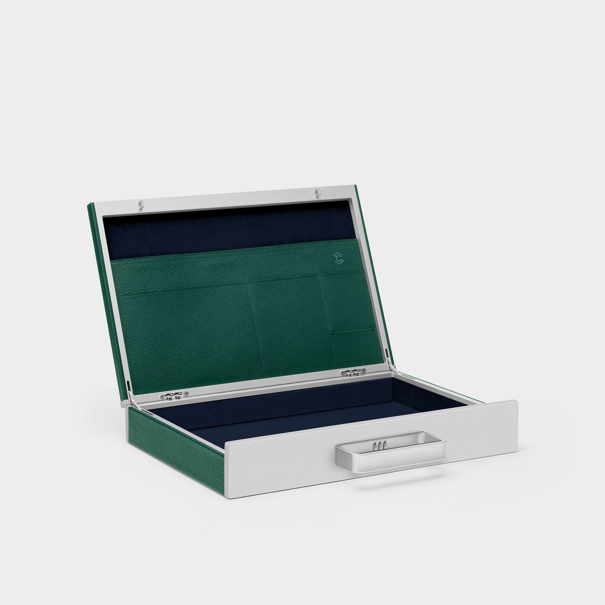 Charles Simon Mackenzie briefcase in emerald with deep blue Alcantara interior open view