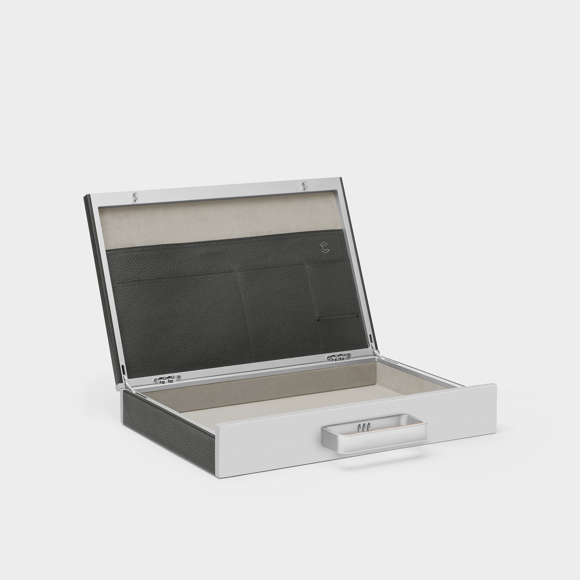 Open Mackenzie briefcase in graphite with Sea sand Alcantara interior with wooden handle