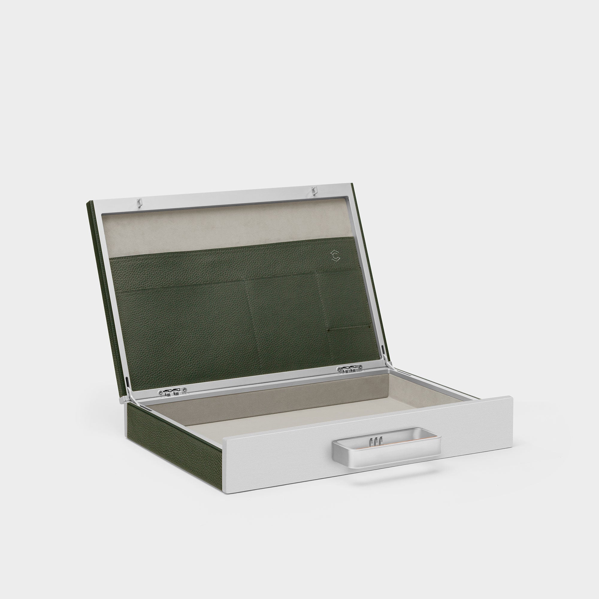 Open Mackenzie briefcase in khaki with Sea sand Alcantara interior with wooden handle
