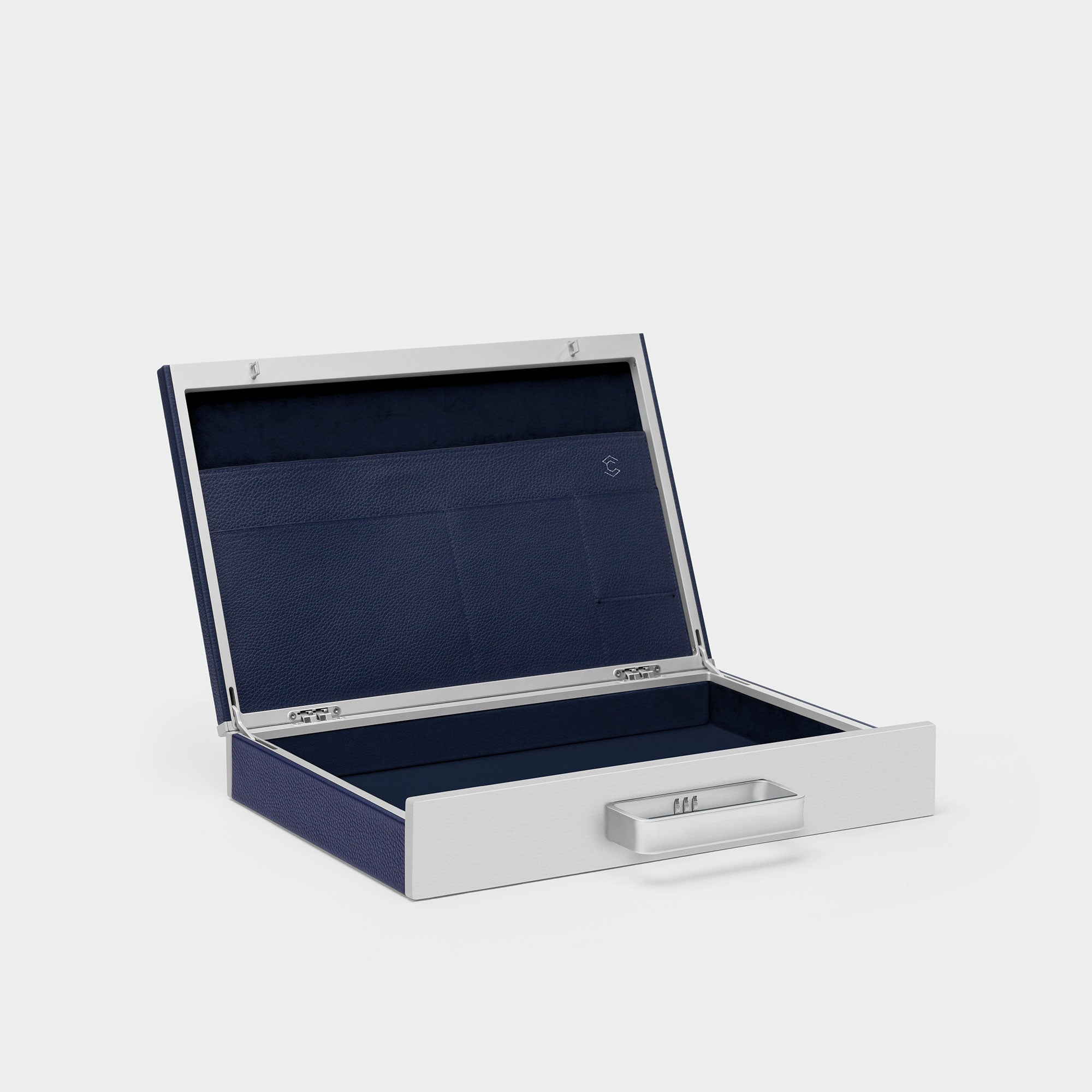 Charles Simon Mackenzie briefcase in sapphire with deep blue Alcantara interior open view