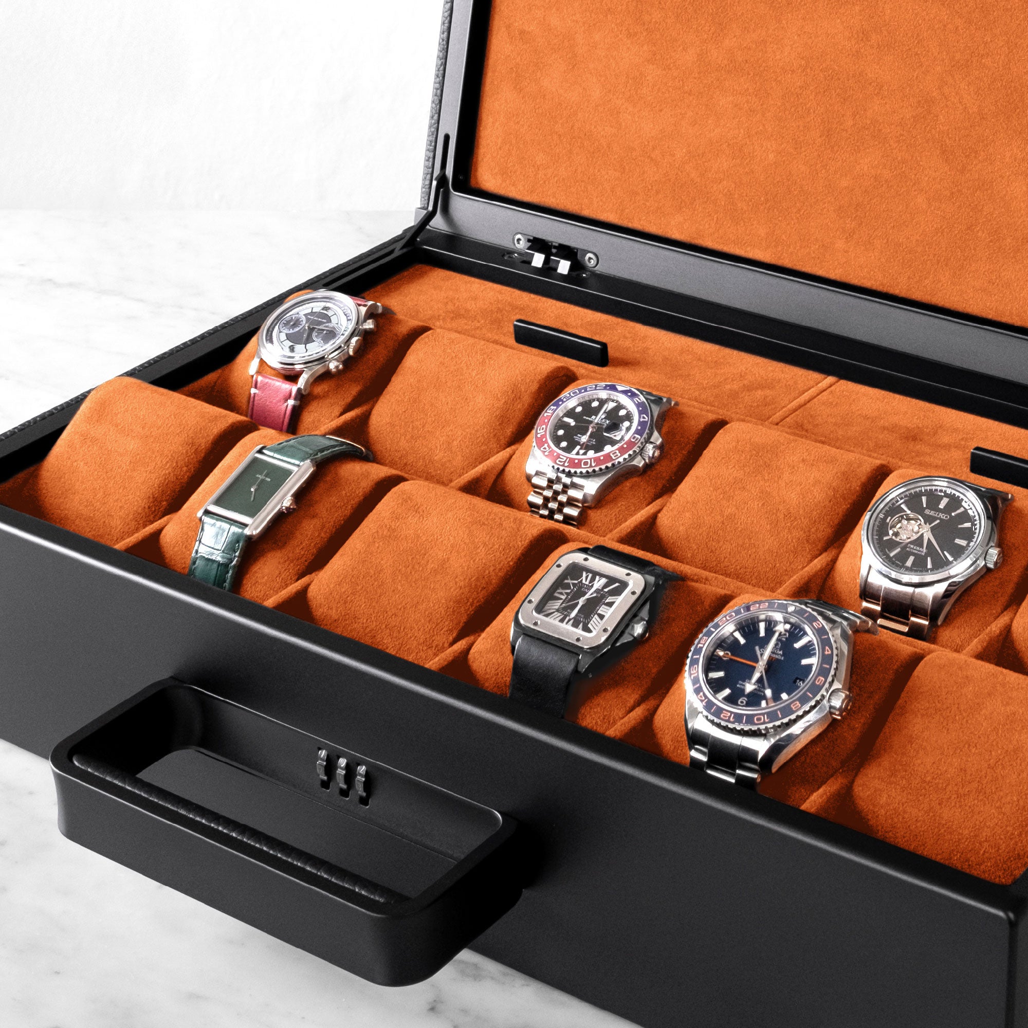 Designer Watch briefcase for 12 watches in black leather, black carbon fiber and anodized aluminum and papaya Alcantara interior handmade to hold a watch collection
