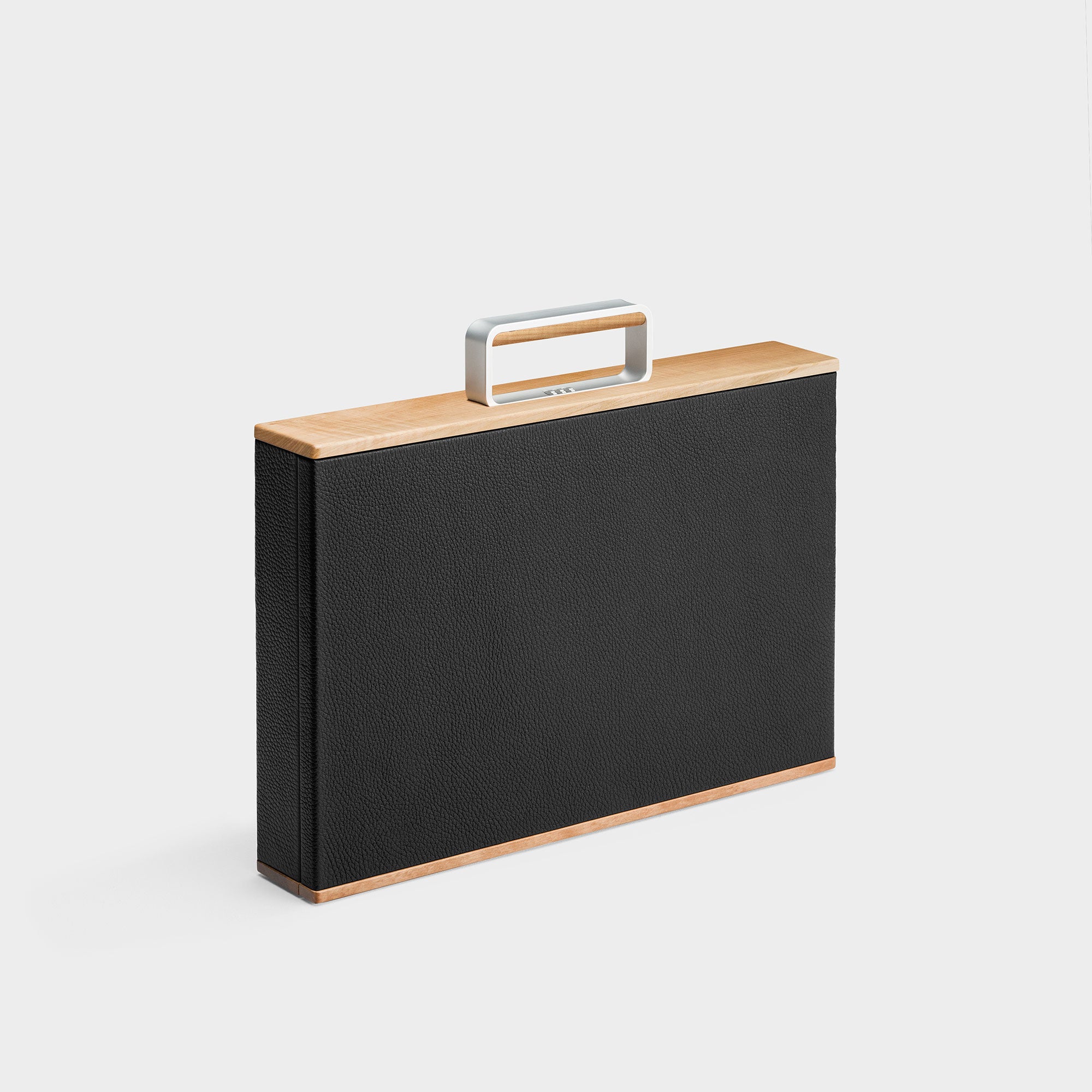 Charles Simon Mackenzie Original watch briefcase in black leather and maple wood accents made from sustainable recycled wood front view
