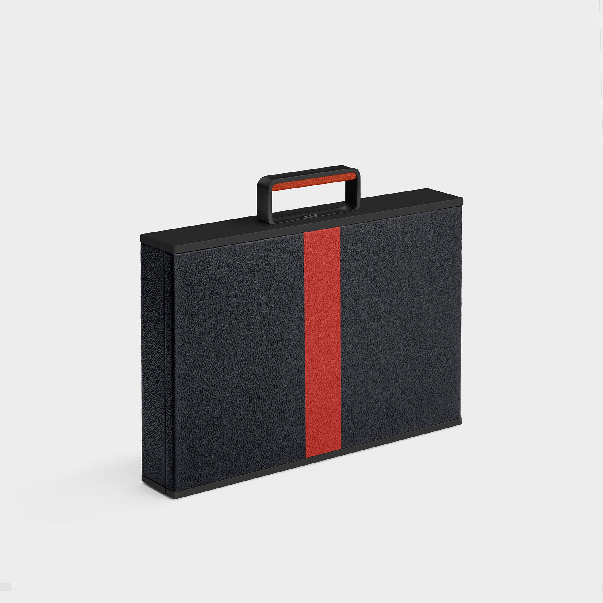 Designer watch briefcase by Charles Simon in all black with bold red leather accents