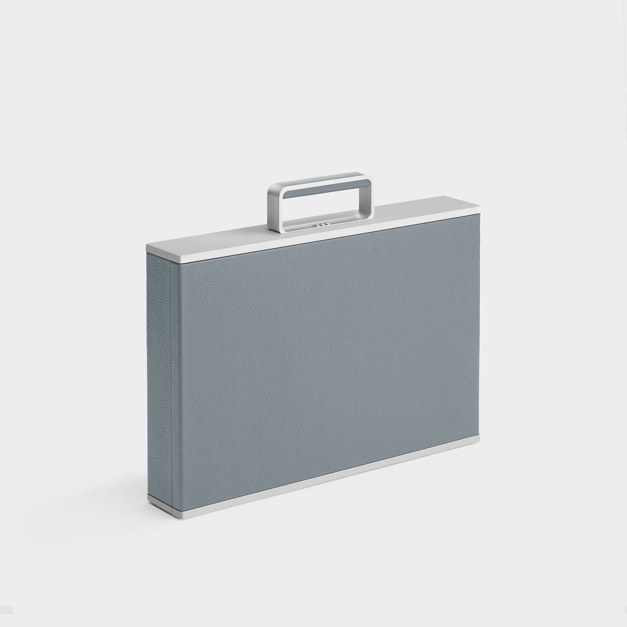 Designer watch briefcase made from cloud grey French leather, carbon fiber and anodized aluminum and soft Alcantara