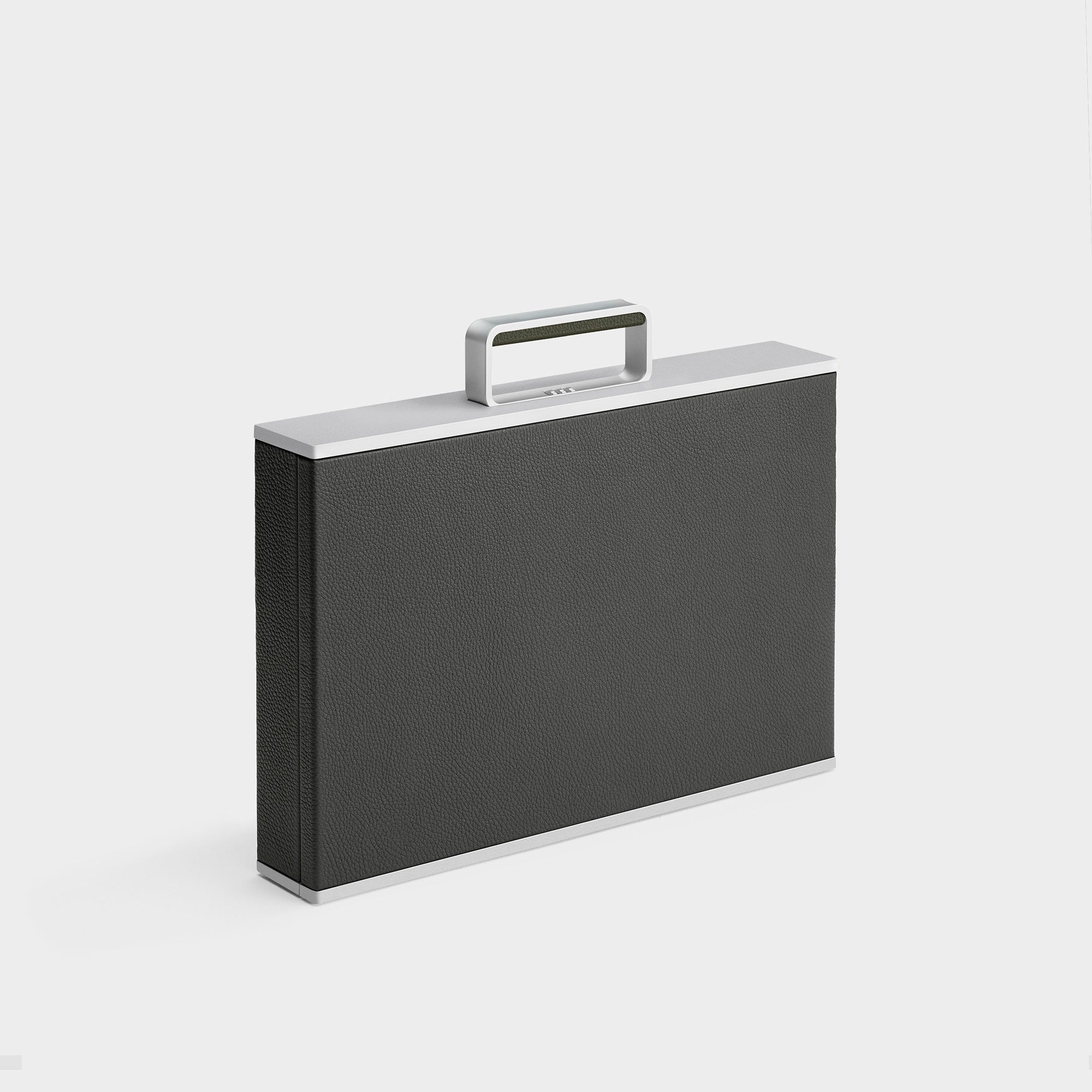 Designer watch briefcase for up to 10 watches. Handmade in Canada from graphite leather and Sea sand Alcantara interior
