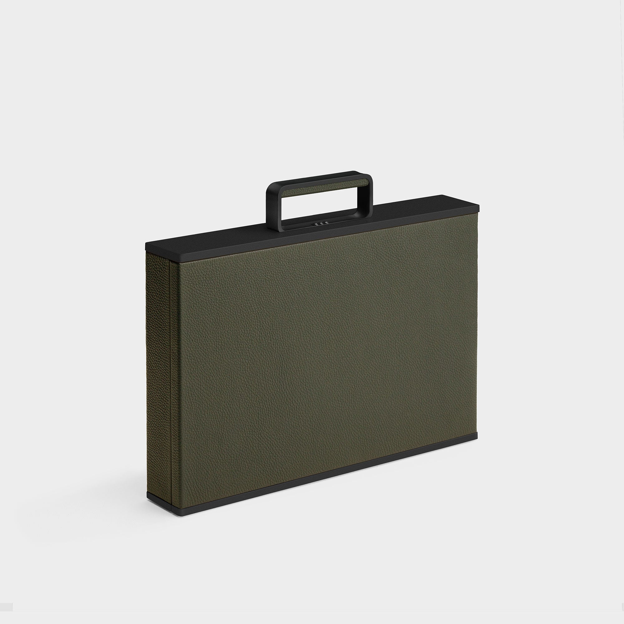 Designer watch briefcase in khaki leather. Handmade in Canada to hold up to 12 watches.