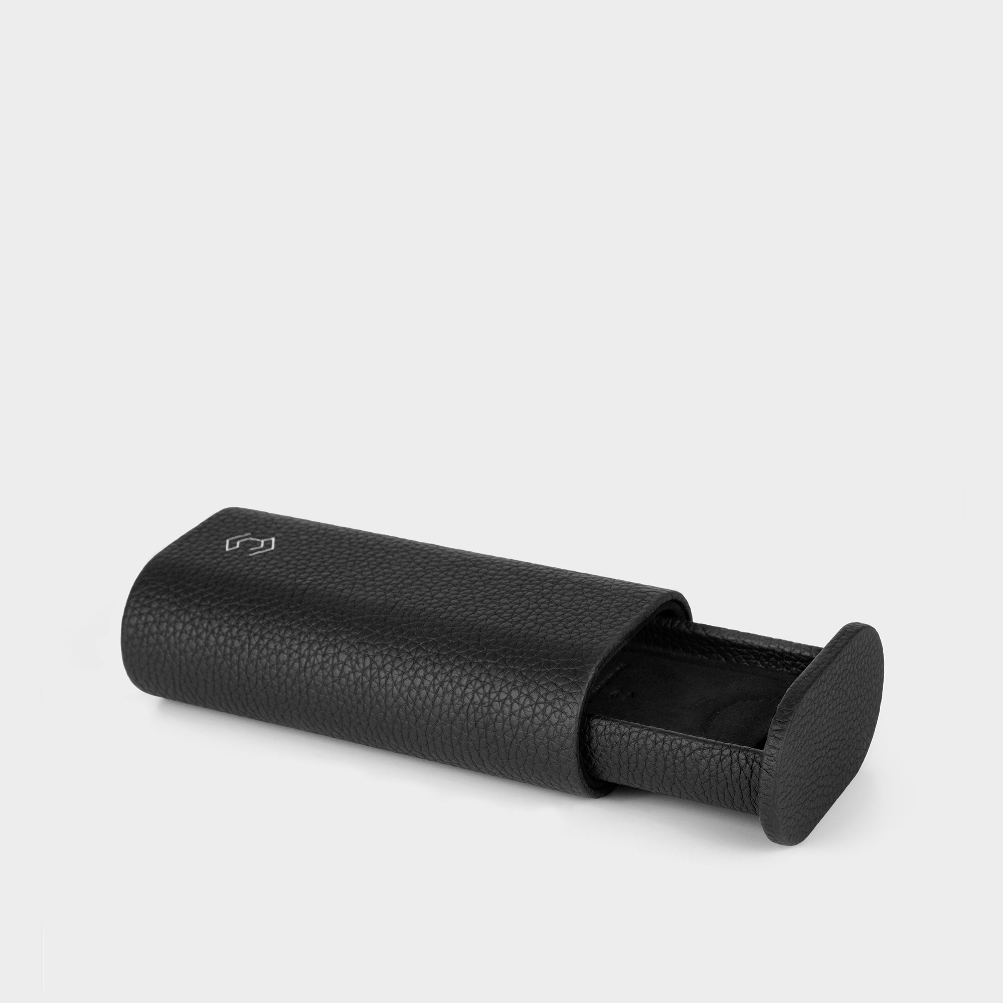 Product photo of open Oscar 1 Tall Leather Watch roll by Charles Simon. Handmade from black leather. 