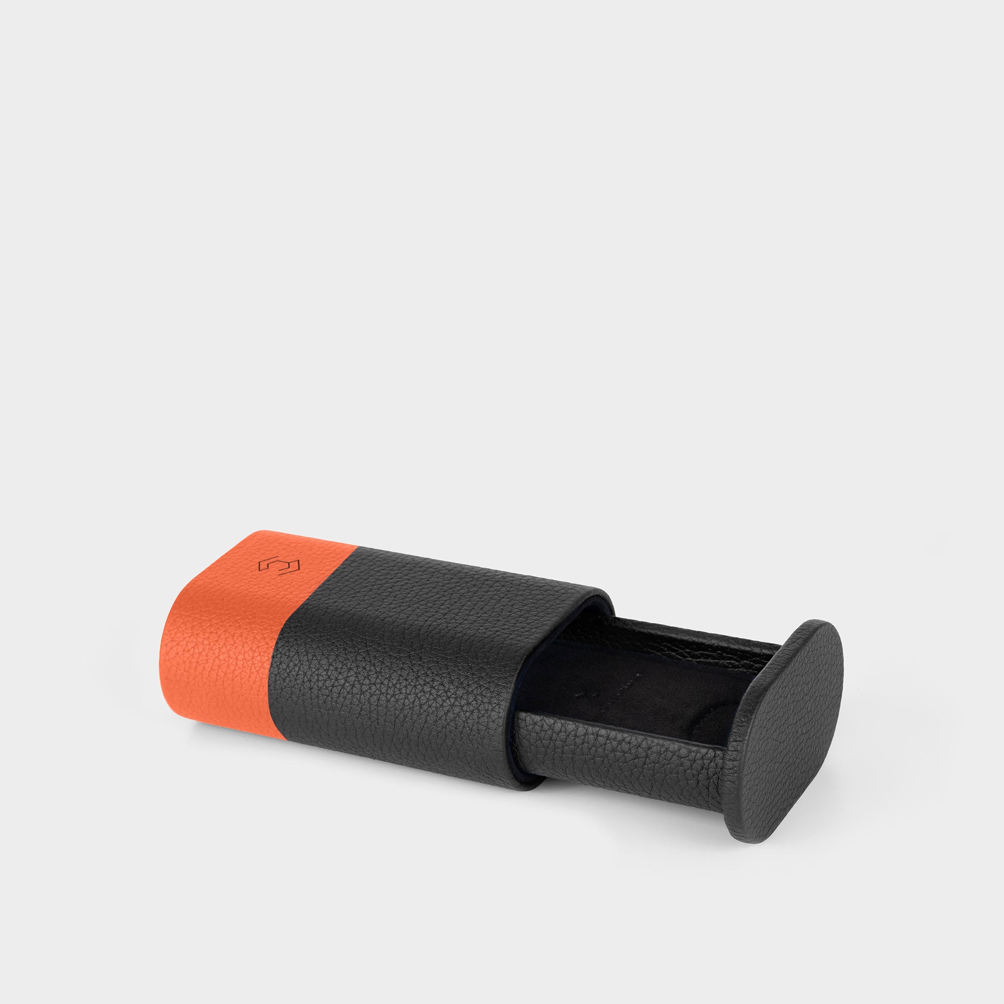 Leather watch roll black and orange, Formula 1 inspired, single watch case with strap for secure travel protection.