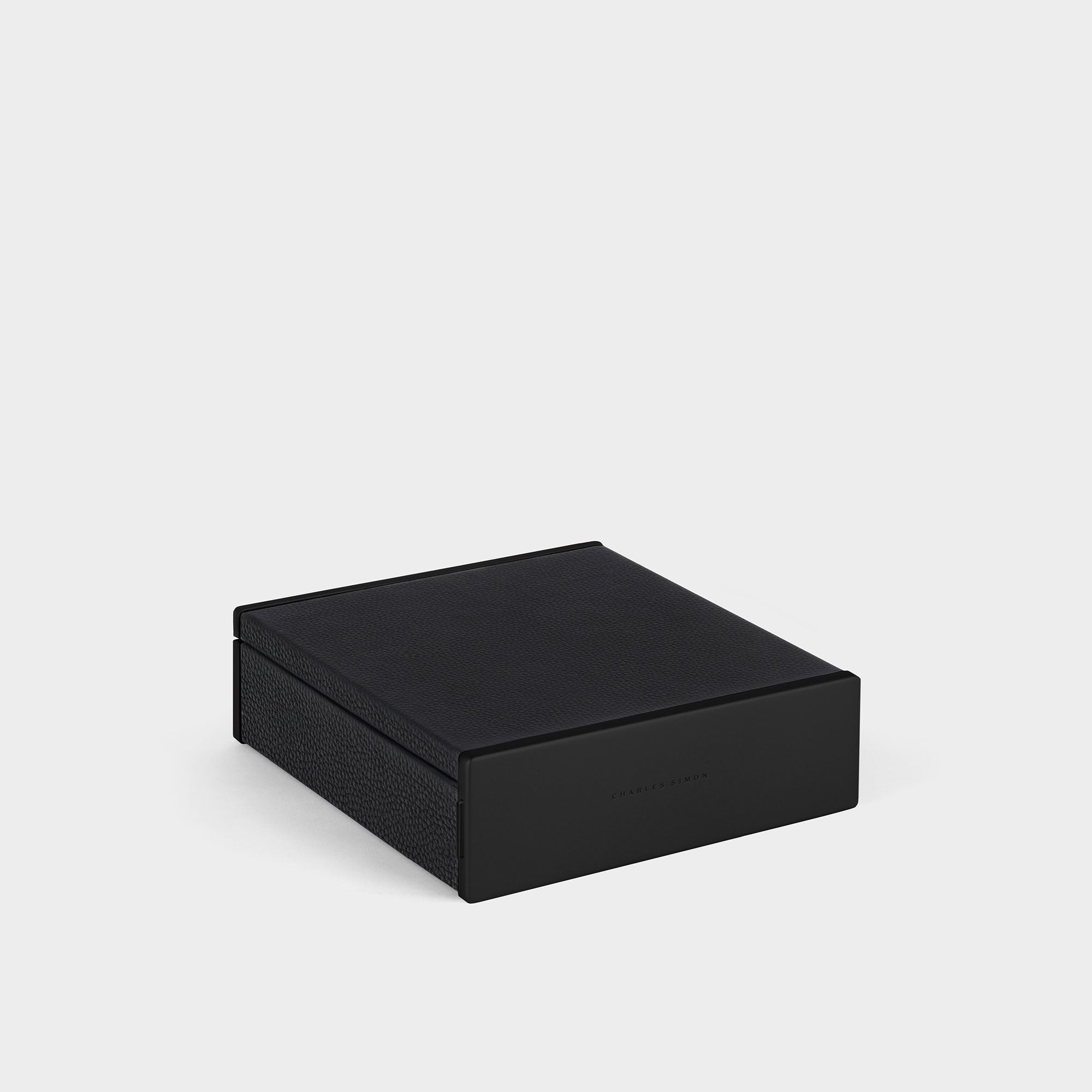 Closed all black designer watch box by Charles Simon. Handcrafted in Canada.