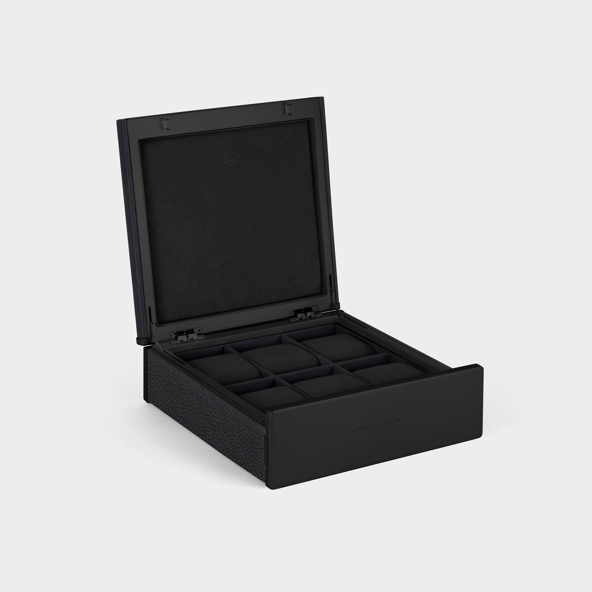 Handmade watch box for 6 watches in black leather, carbon fiber and anodized aluminum casing and Notte Alcantara interior