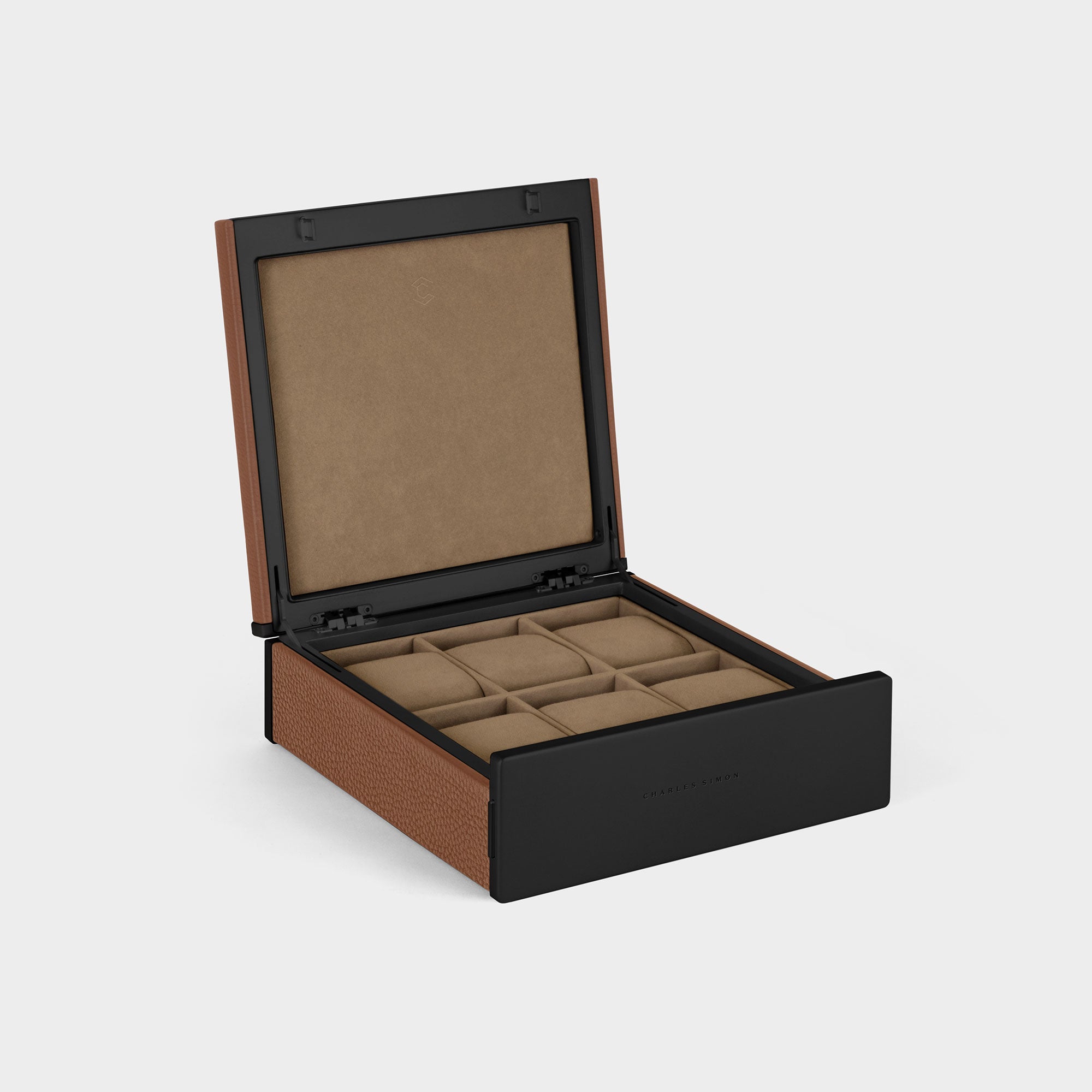 Handmade watch box for 6 watches in tan leather, carbon fiber and anodized aluminum casing and Camel Alcantara interior