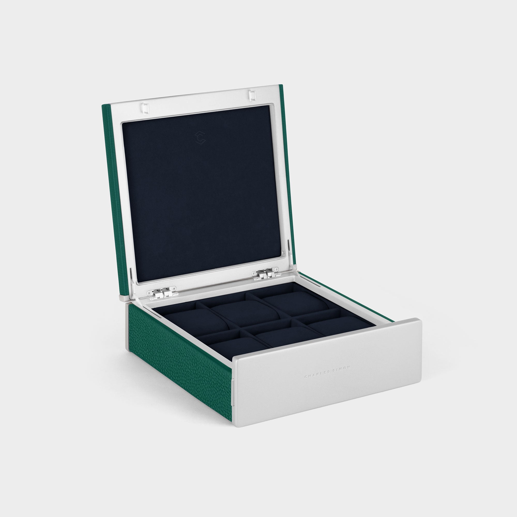 Handmade watch box for 6 watches in emerald leather, carbon fiber and anodized aluminum casing and Alcantara interior
