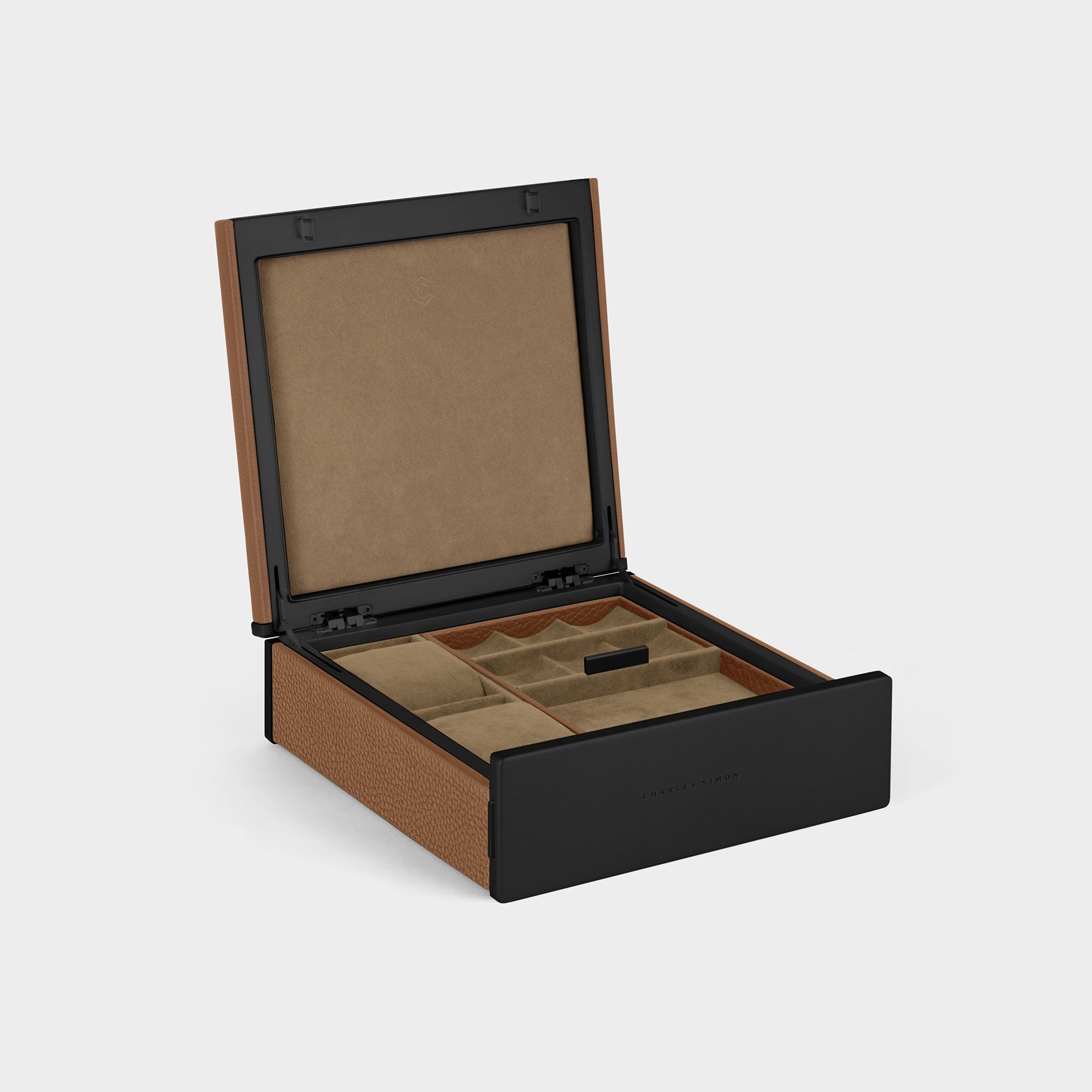 Product photo of open Taylor 2 Watch and Jewelry box in tan leather and camel interior showing jewelry storage compartments and two watch cushions