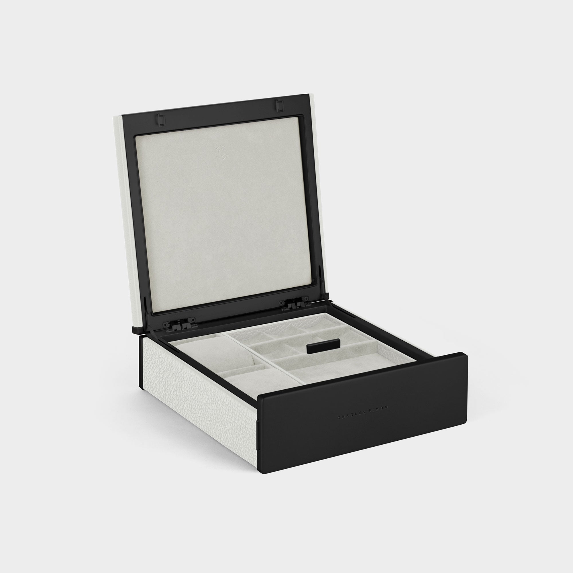 Product photo of open Taylor 2 Watch and Jewelry box in white leather and alabaster interior showing jewelry storage compartments and two watch cushions