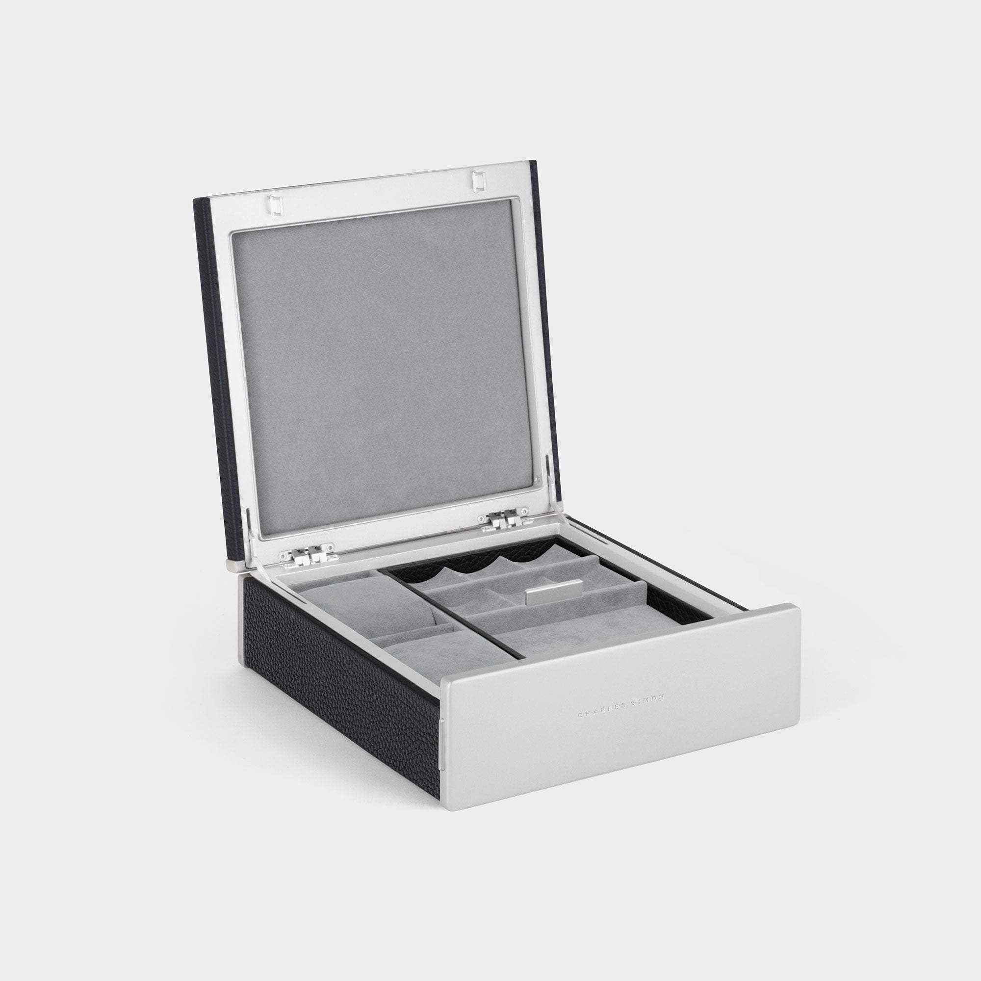 Product photo of open Taylor 2 Watch and Jewelry box in black leather and fog grey interior showing jewelry storage compartments and two watch cushions