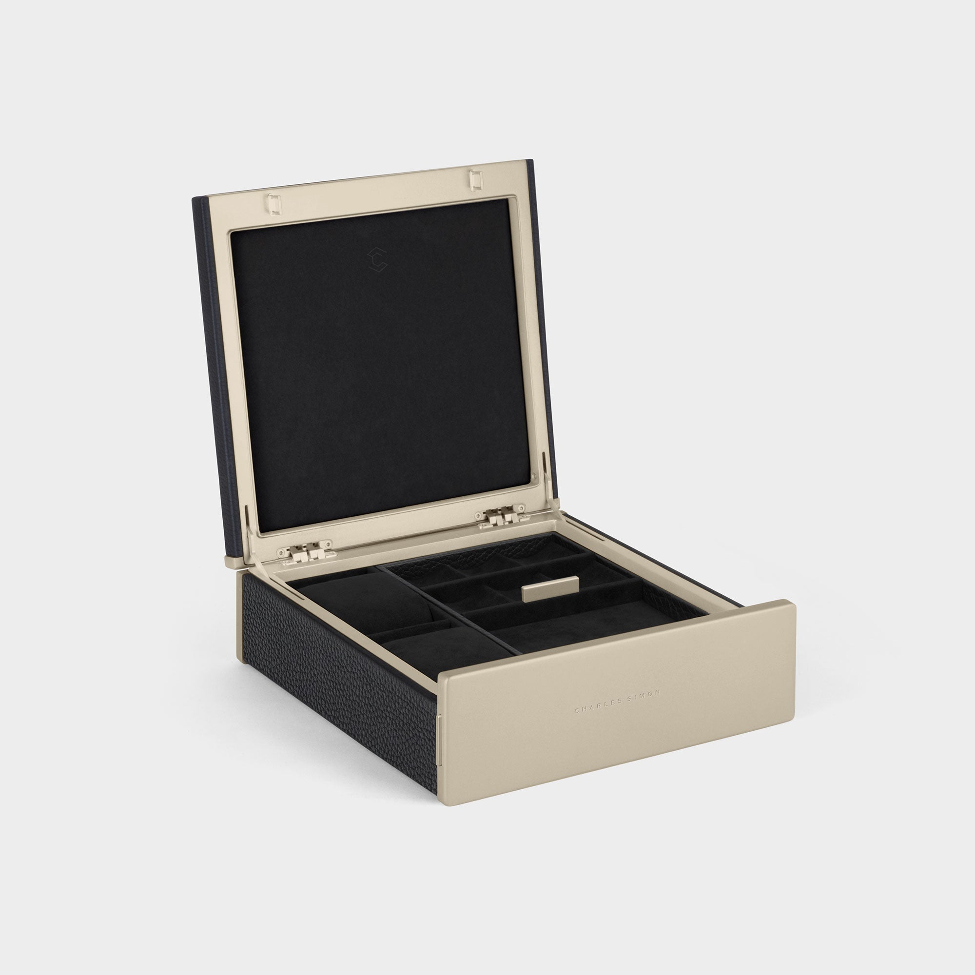 Product photo of open Taylor 2 Watch and jewelry box in black leather and golden accents. Handmade in Canada.