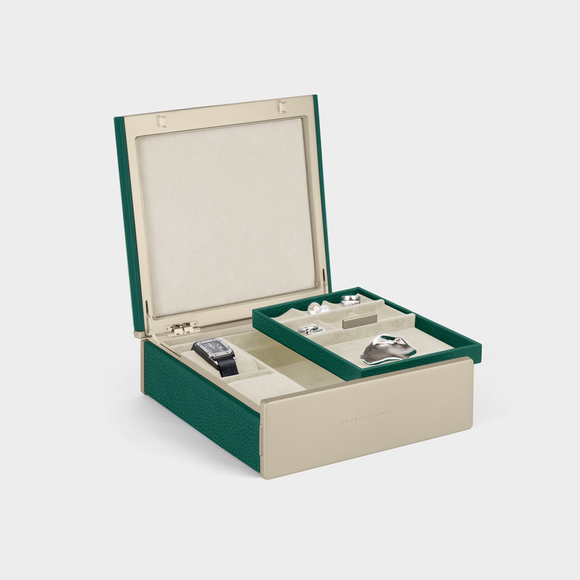 Product photo of open Taylor 2 Watch and Jewelry box in gold, emerald leather and eggshell interior., featuring the convenient removable jewelry tray designed to organize a collection of jewelry 