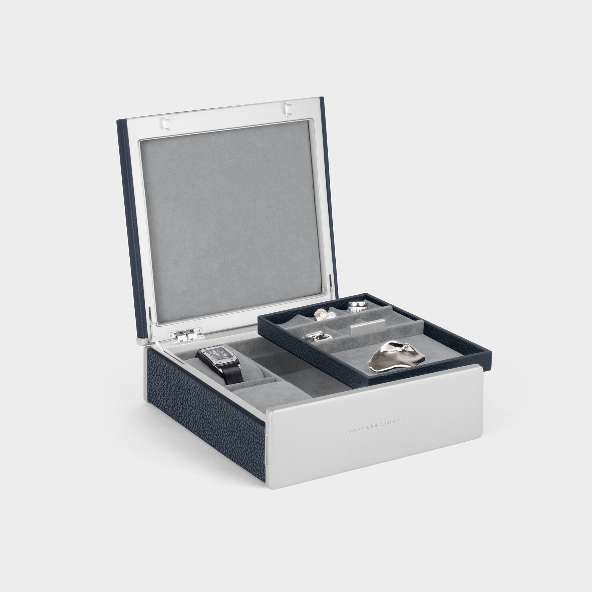 Open Taylor 2 Watch and Jewelry box showcasing the boxe's jewelry tray for storing and organizing your rings, earrings, bracelets and more