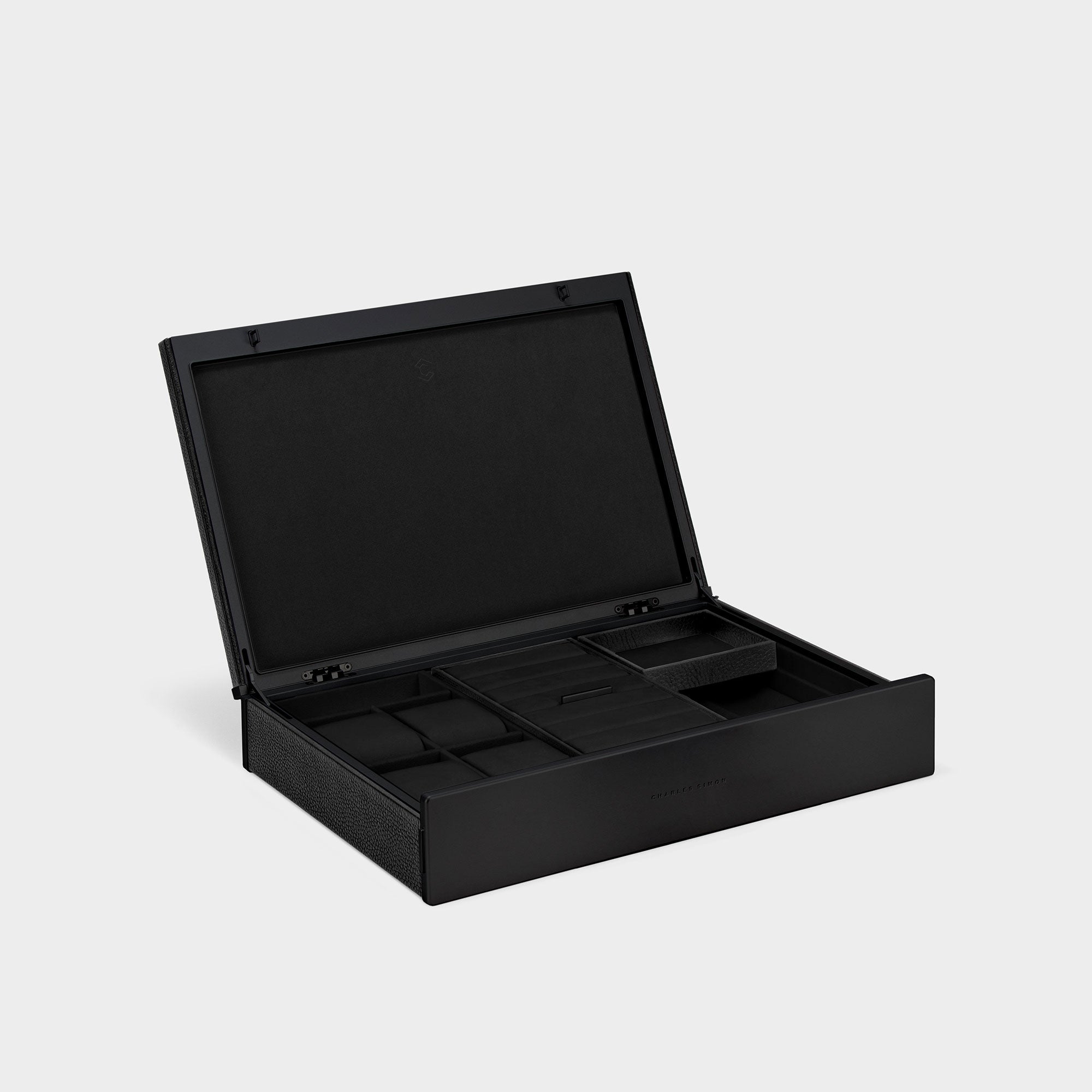 Product photo of all black Taylor 4 Watch and Jewelry box for practical watch storage and jewelry organization. Accommodates rings, necklaces, jewelry, earrings and up to 4 watches