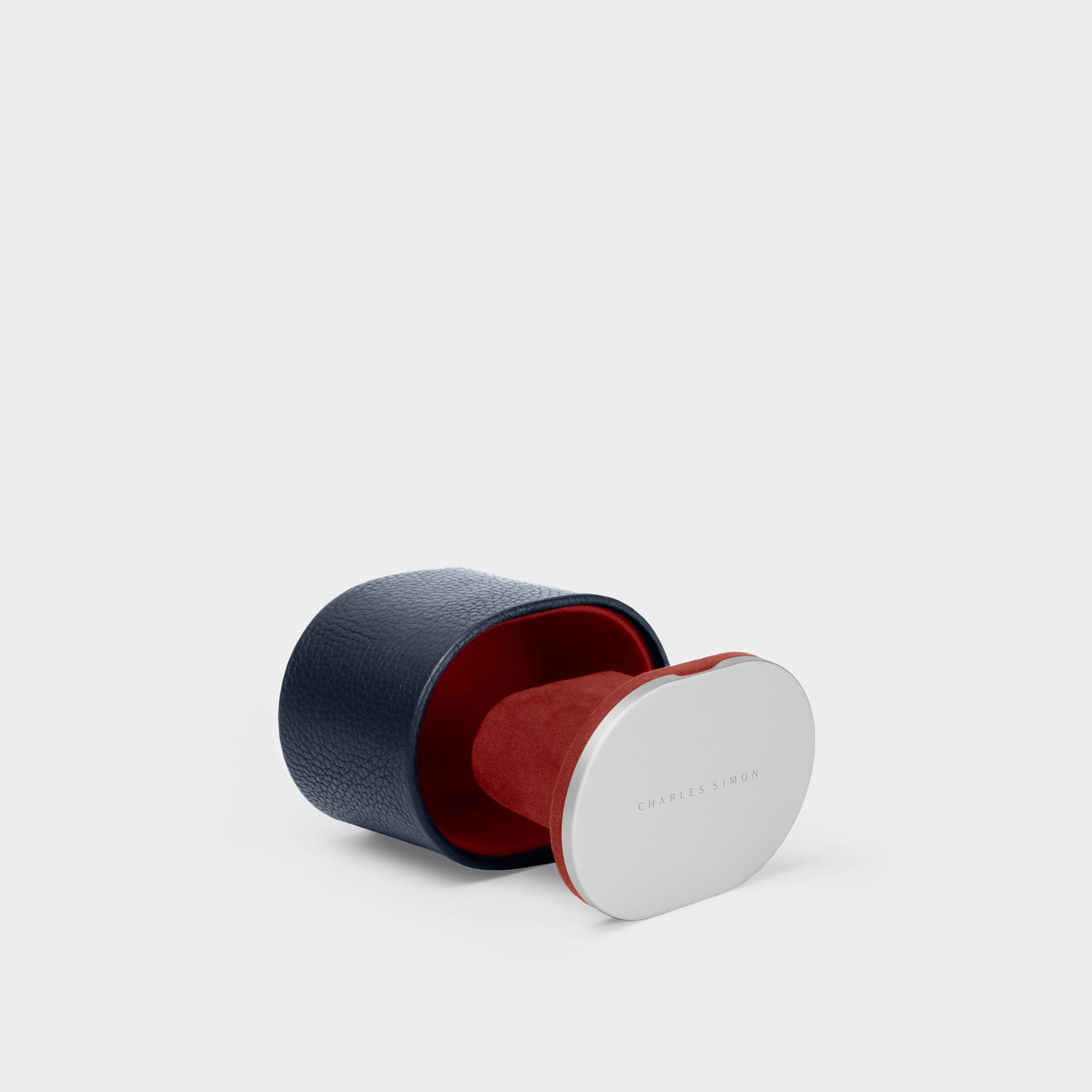 Open Theo travel watch roll in marine leather and bright Vermilion interior for one luxury watch