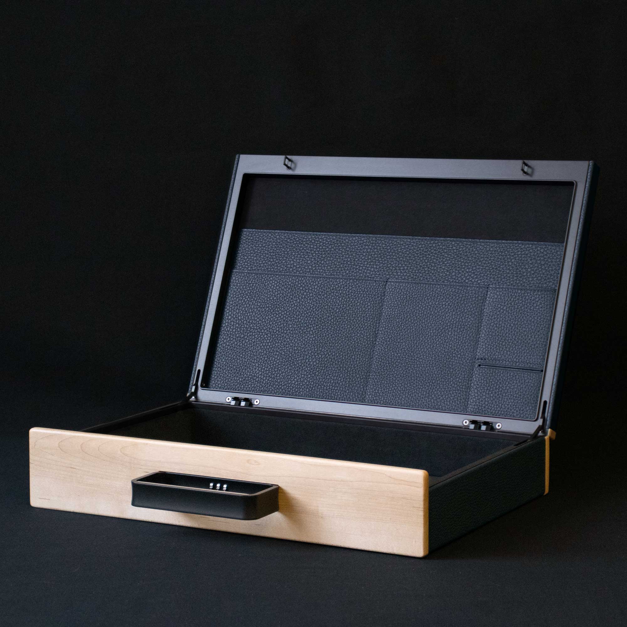 Lifeestyle photo of the open Mackenzie Briefcase  featuring recycled, sustainable Canadian timber.